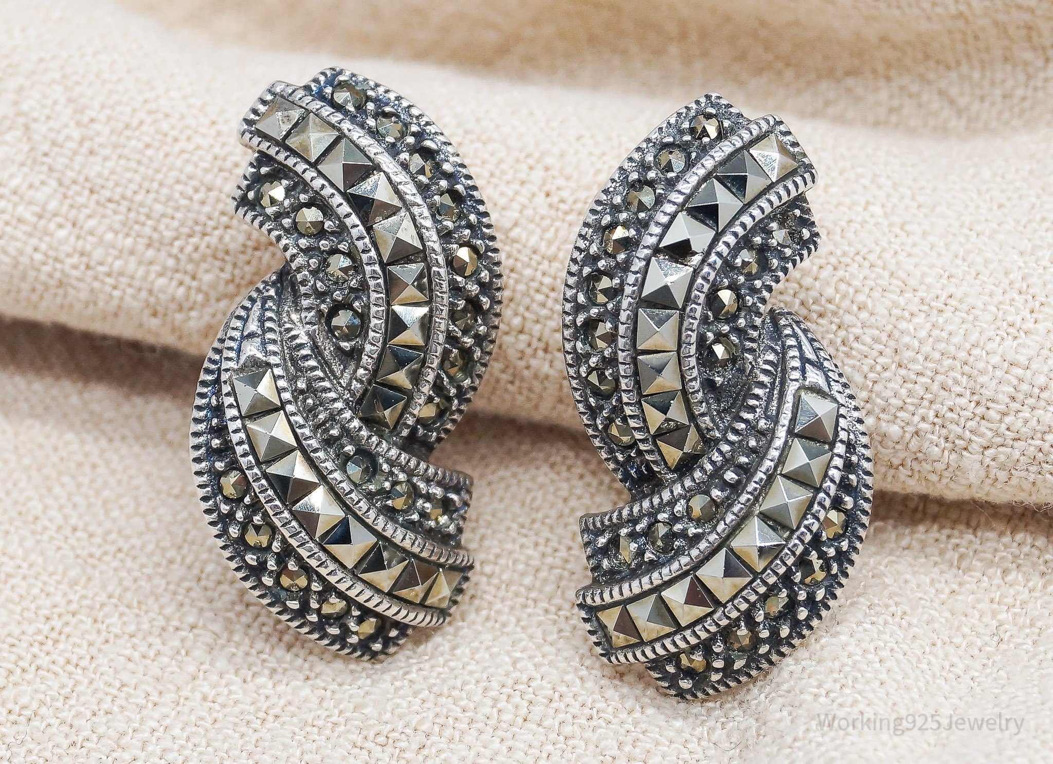 Vintage Judith Jack Marcasite Sterling Silver Clip On Earrings