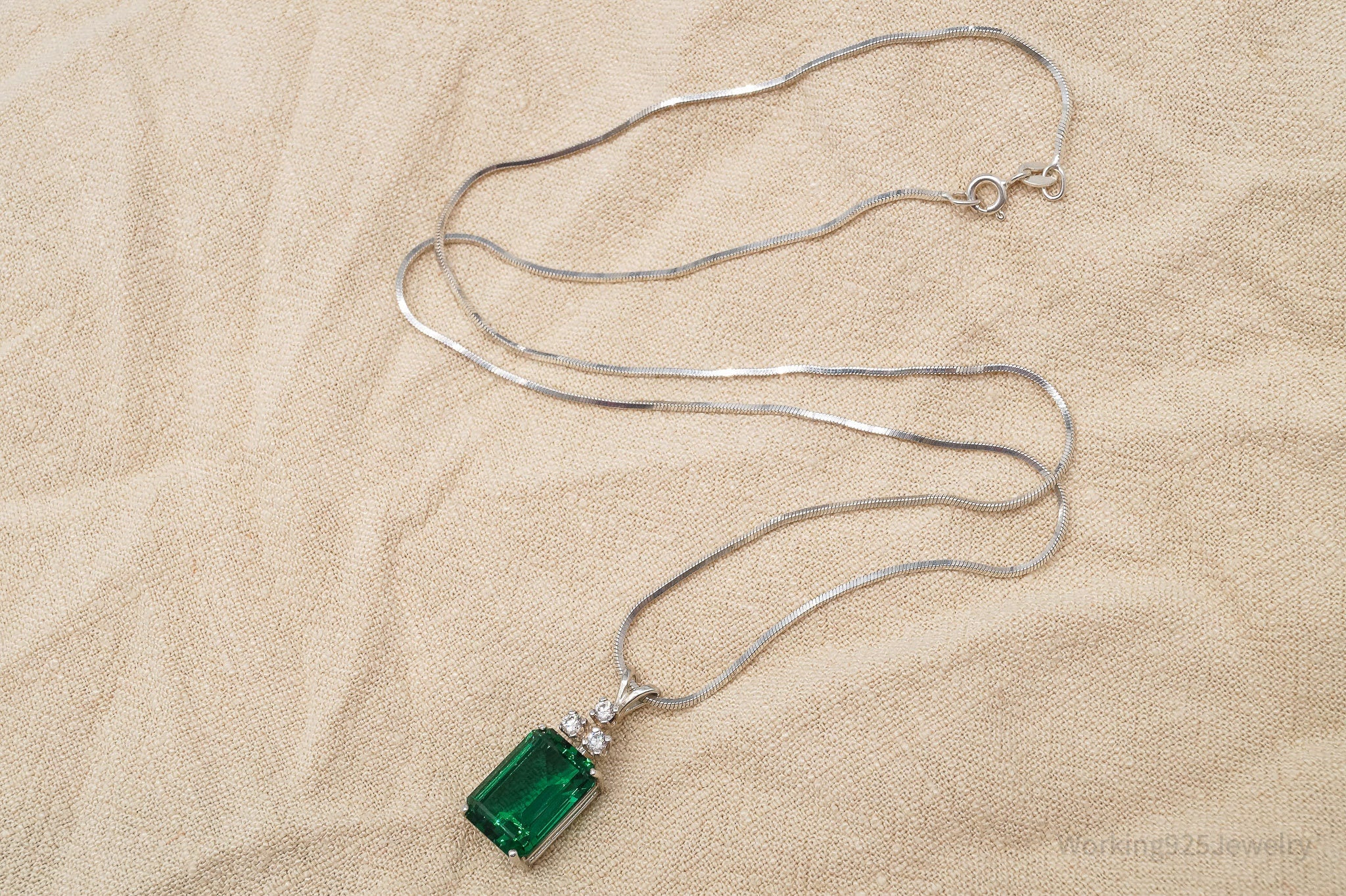Vintage Lab Emerald Cubic Zirconia Sterling Silver Necklace 20"