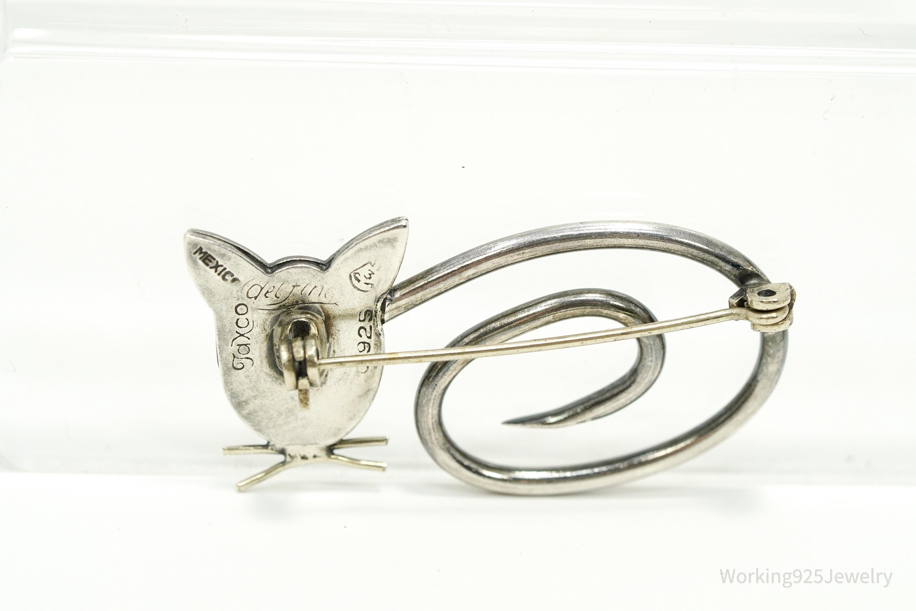 Vintage Taxco Designer DELFINO Abstract Cat Sterling Silver Brooch Pin 1.75"