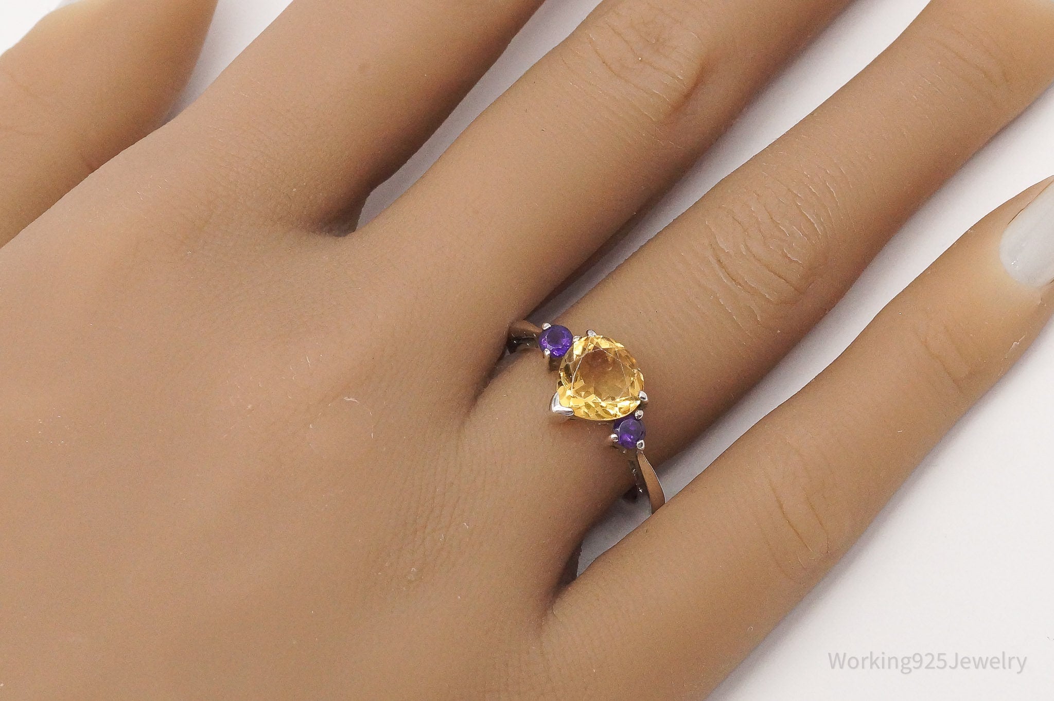 Vintage Citrine Amethyst Sterling Silver Ring - Size 6.75