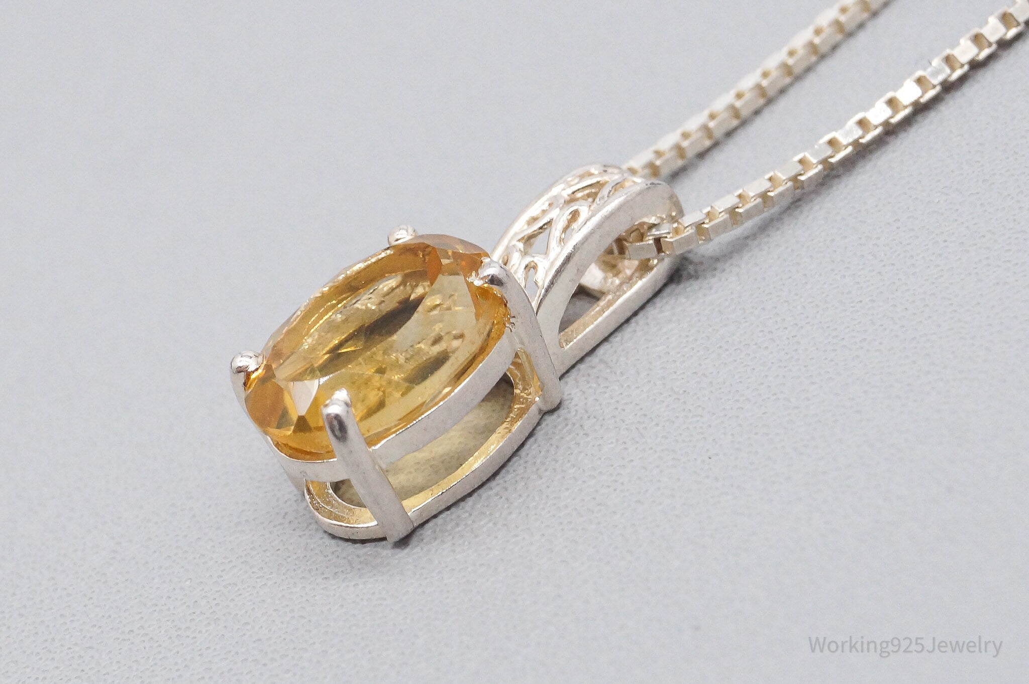 Vintage Large Citrine Sterling Silver Necklace 16"