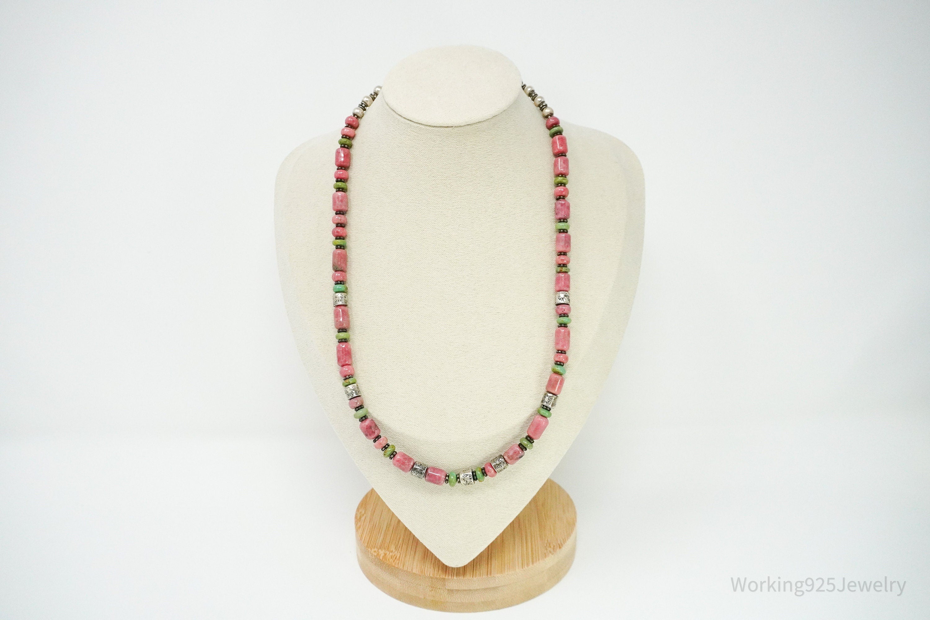 Vintage Western Rhodonite & Turquoise Bead Sterling Silver Necklace 19"