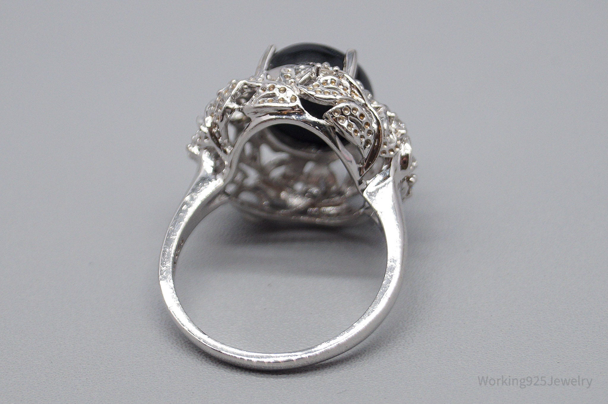 Vintage Black Onyx Cubic Zirconia Sterling Silver Ring - Size 9.25