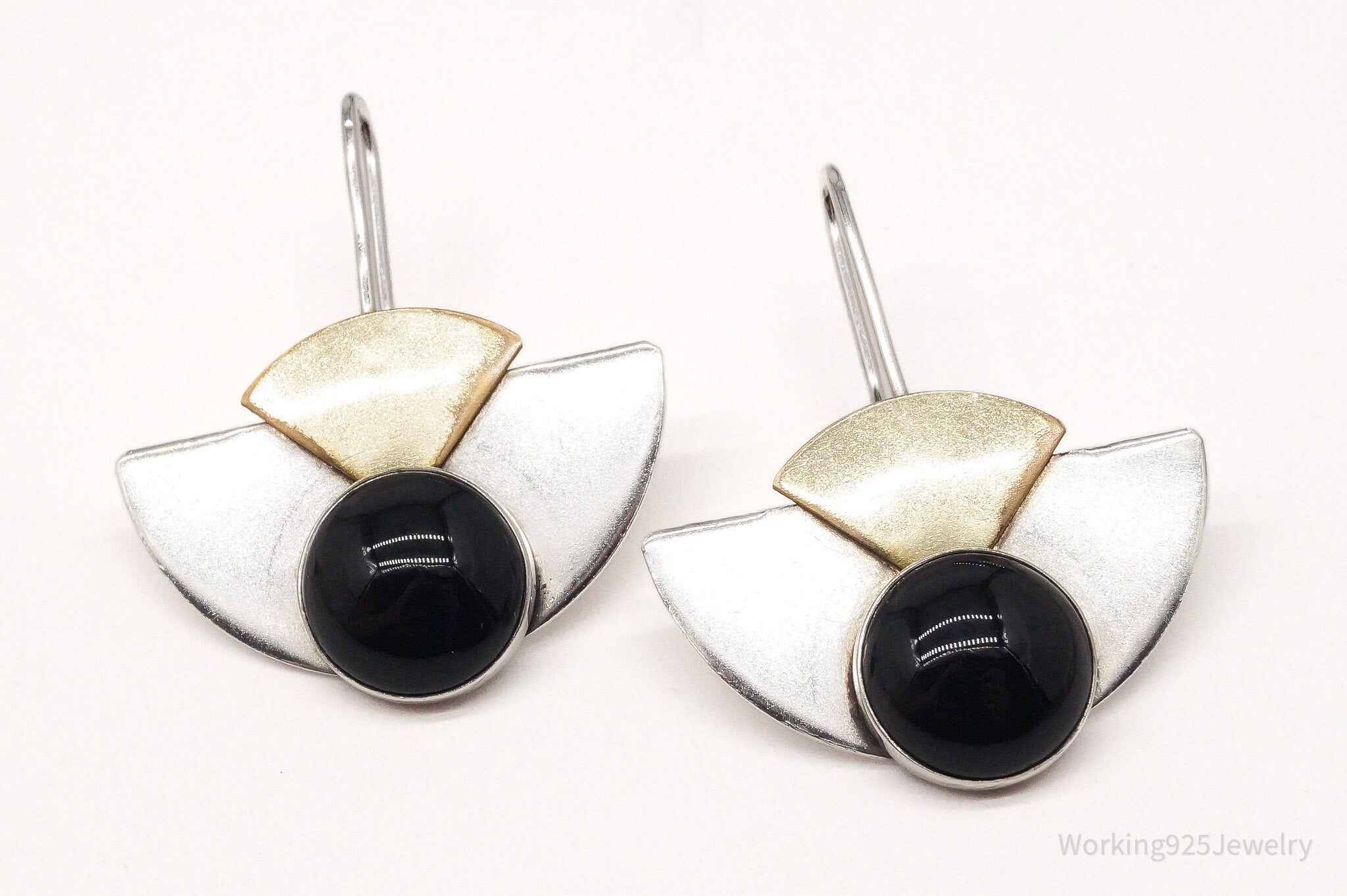 Vintage Black Onyx Gold Filled Sterling Silver Geometric Earrings