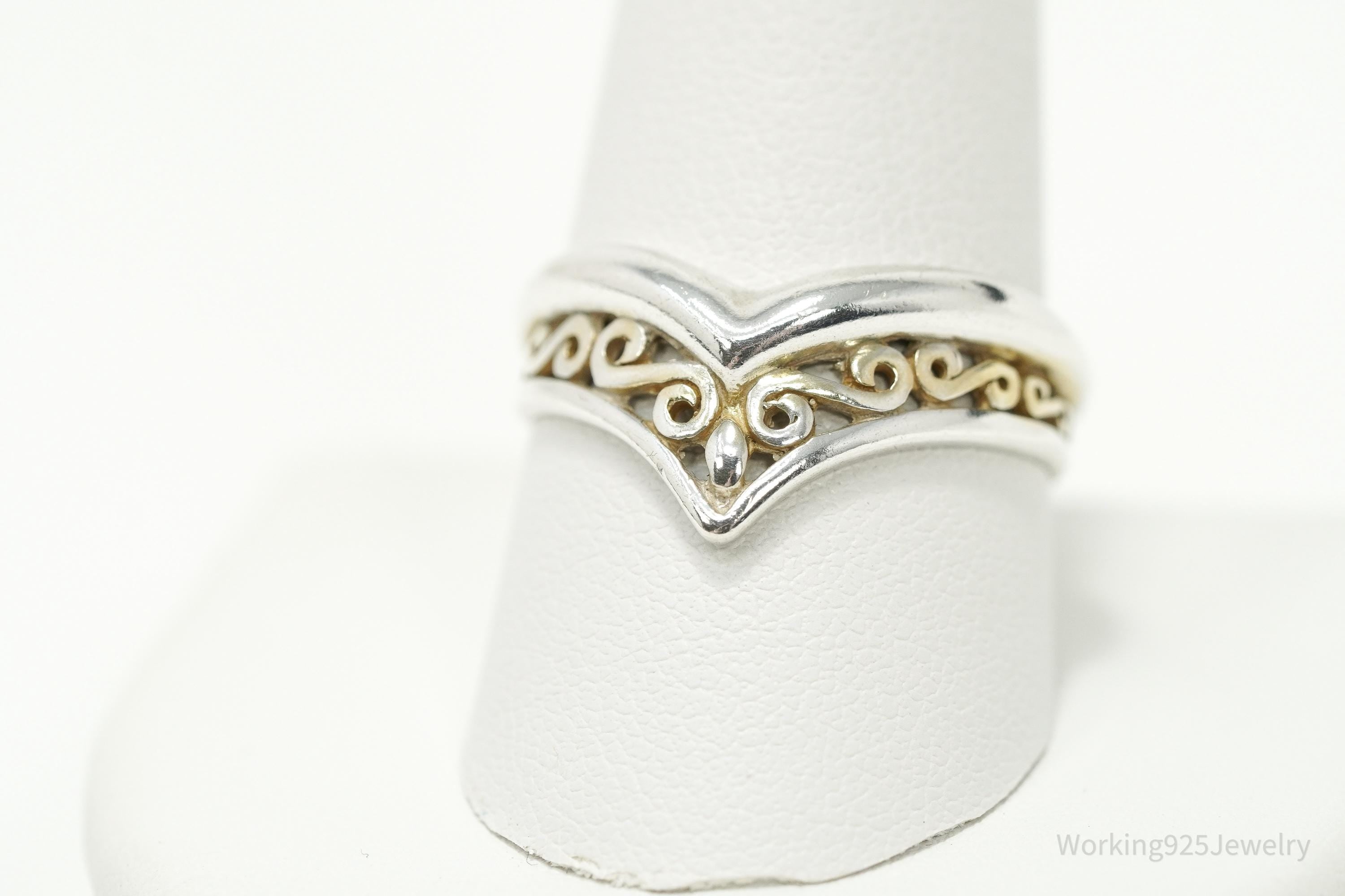 Vintage Gold Washed Scrolls Sterling Silver Ring - Size 10