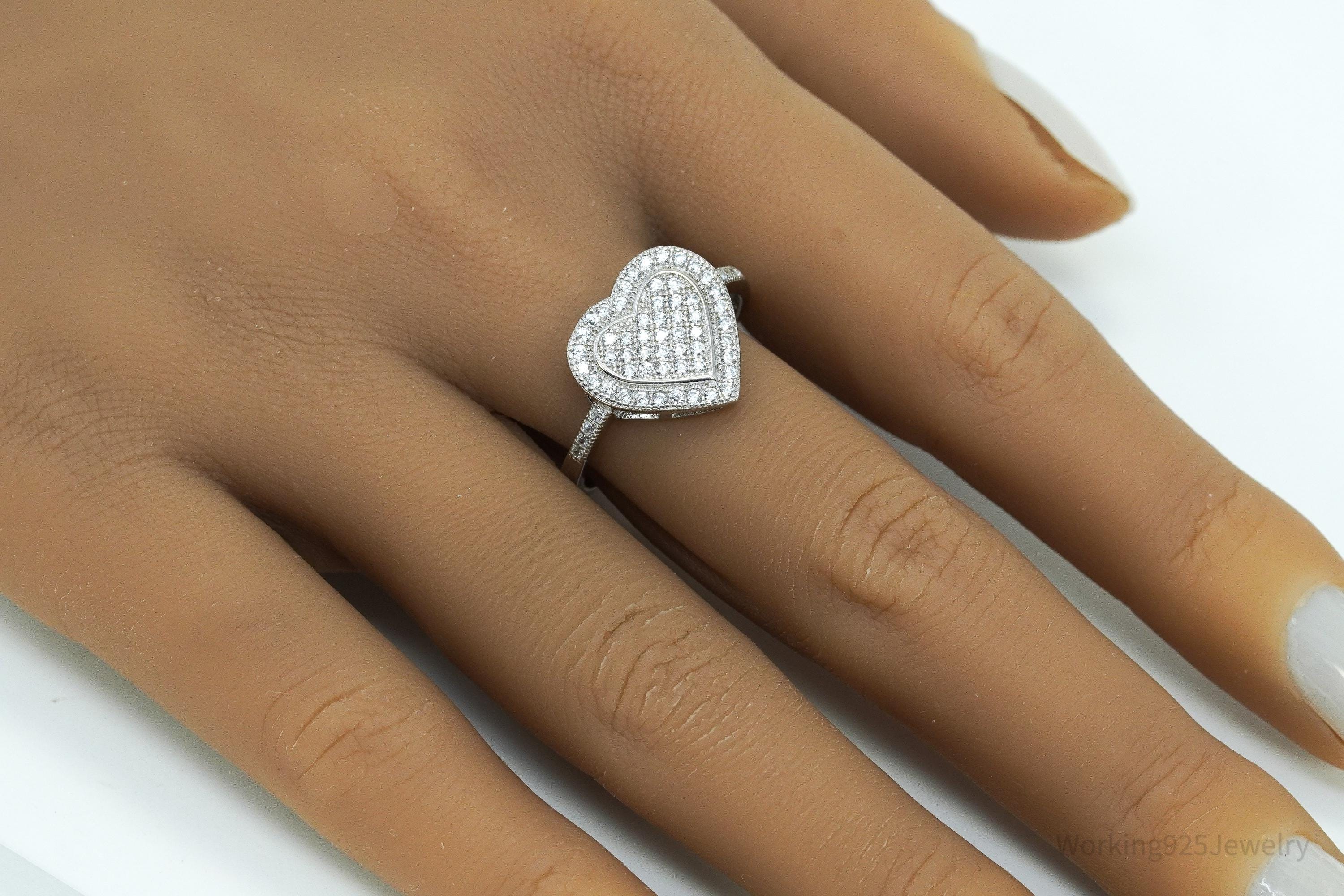 Vintage Cubic Zirconia Heart Sterling Silver Ring - Size 10.25