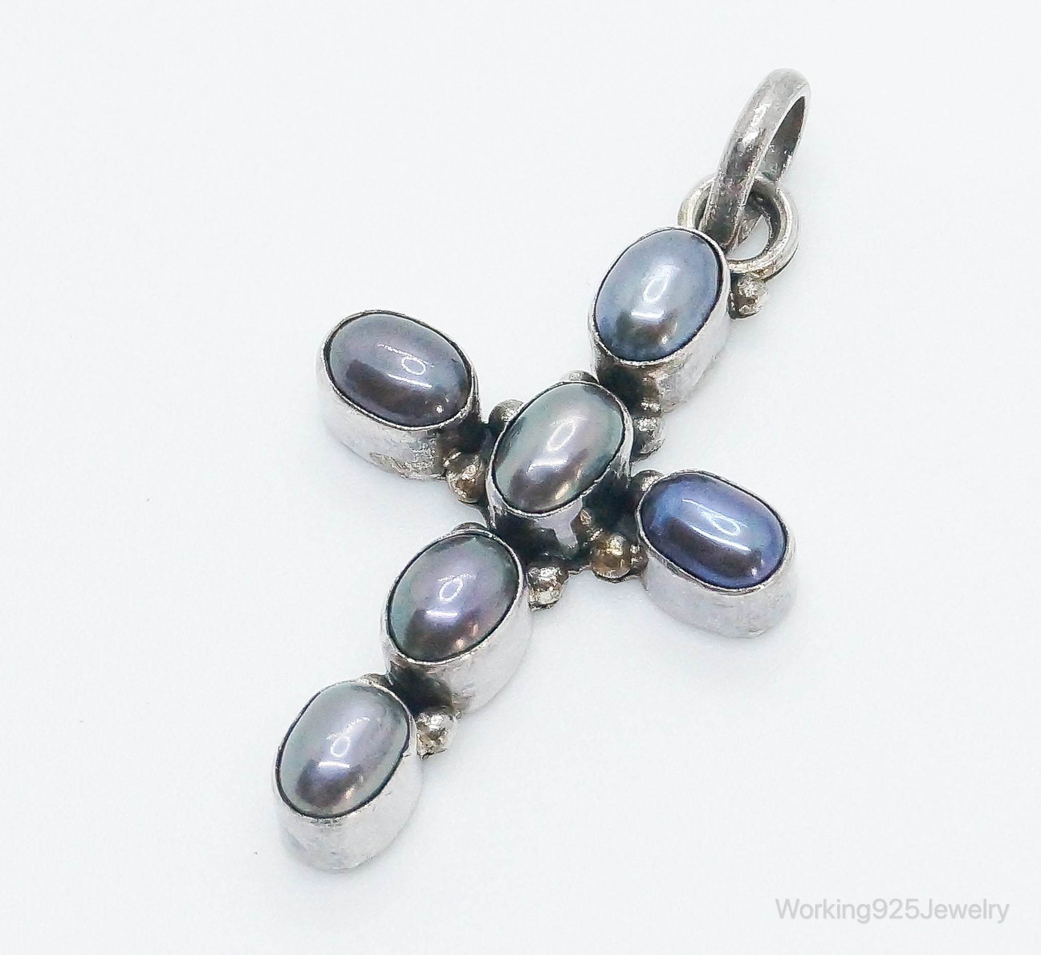 Vintage Tahitian Pearl Sterling Silver Cross Necklace Pendant