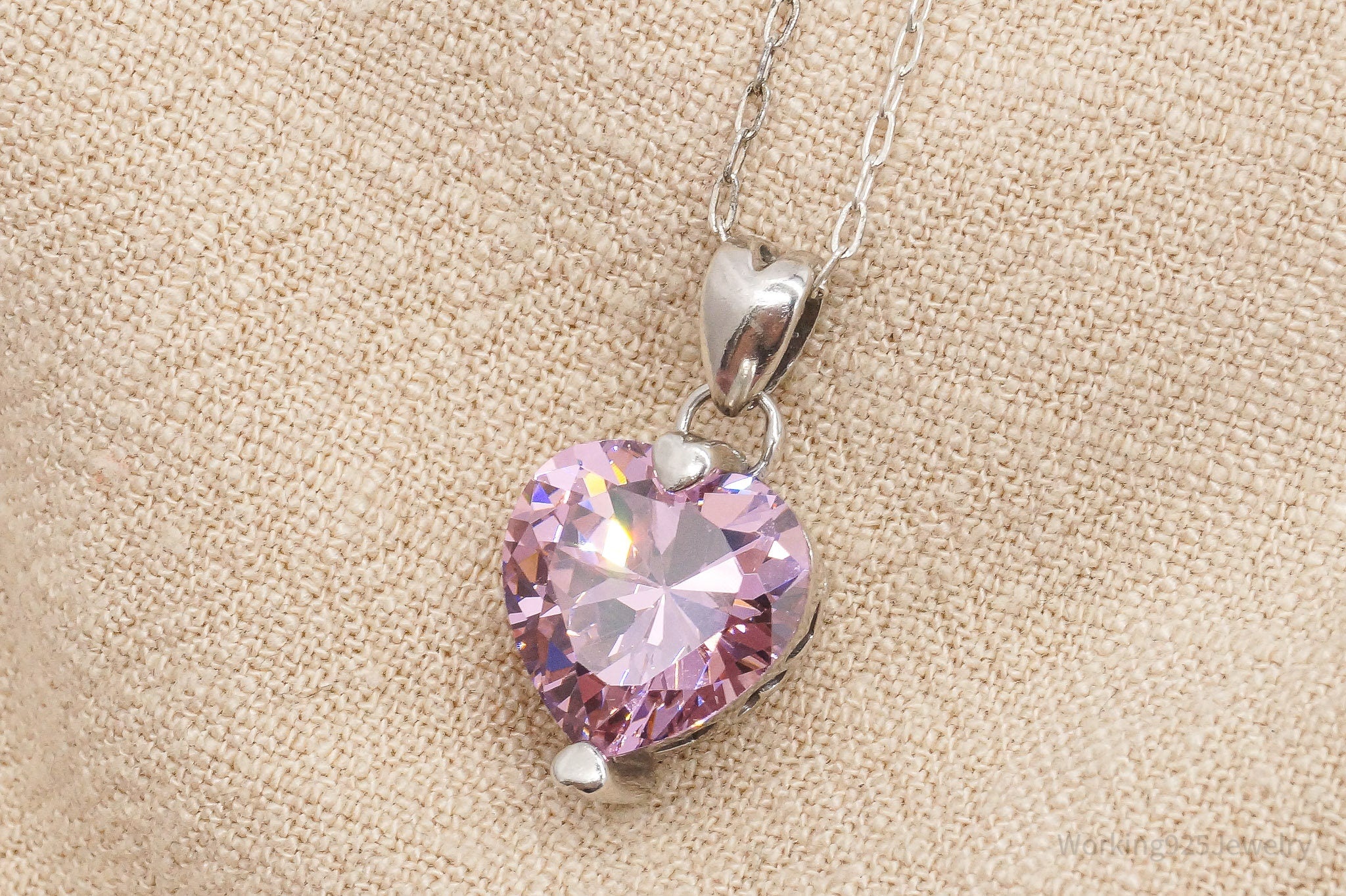 Vintage Pink Cubic Zirconia Heart Sterling Silver Necklace 20"