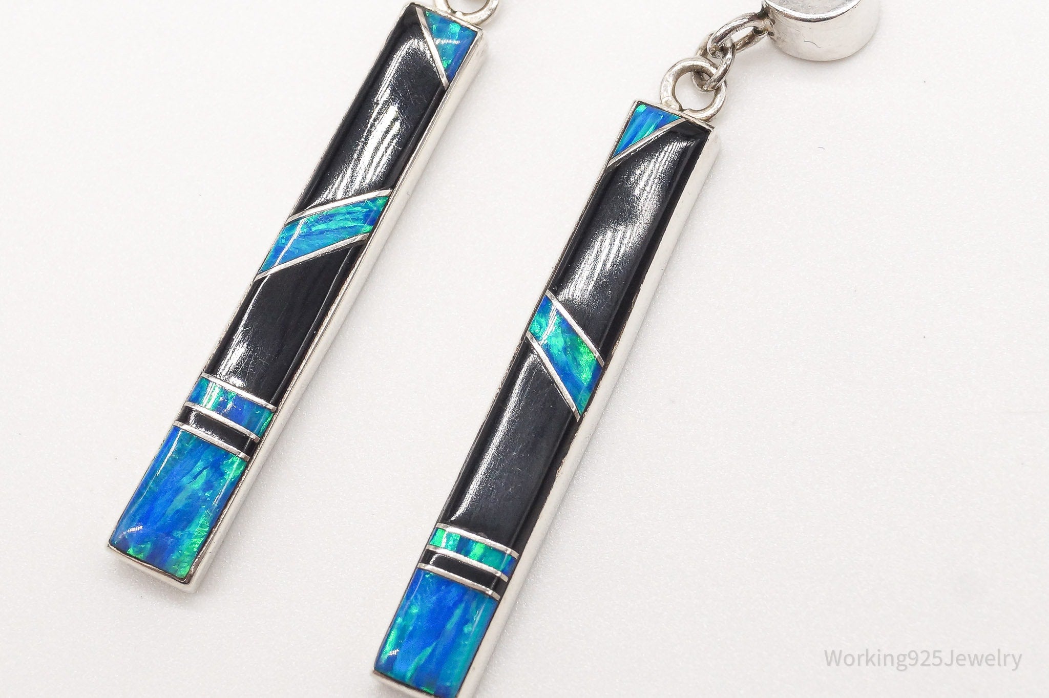 Vintage Native American AC Blue Opal Black Onyx Sterling Silver Earrings