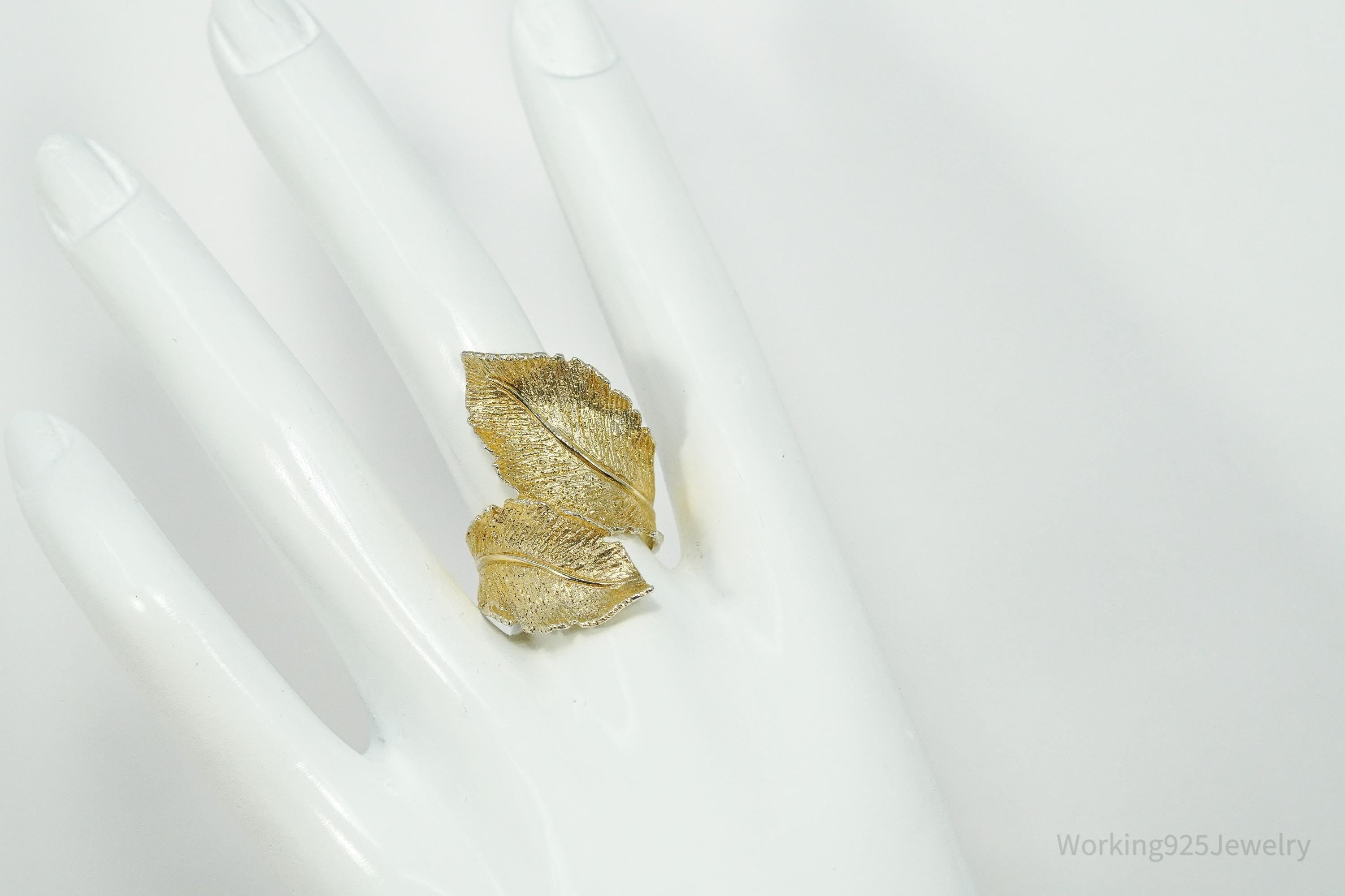 Vintage Italian Dyadema 18K Yellow Gold Plated Figural Leaf Sterling Silver Ring - Size 7