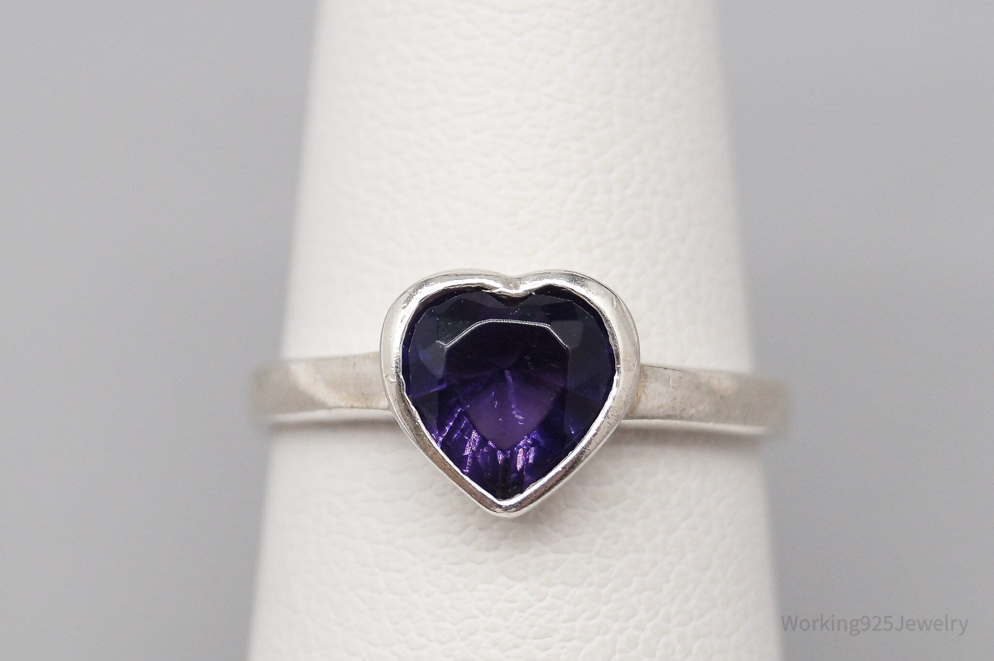 Vintage Faux Amethyst Heart Sterling Silver Ring - Size 6.75