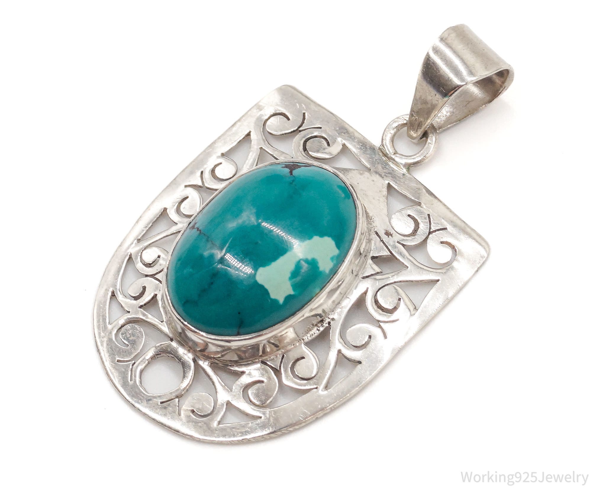 Vintage Large Turquoise Sterling Silver Necklace Pendant