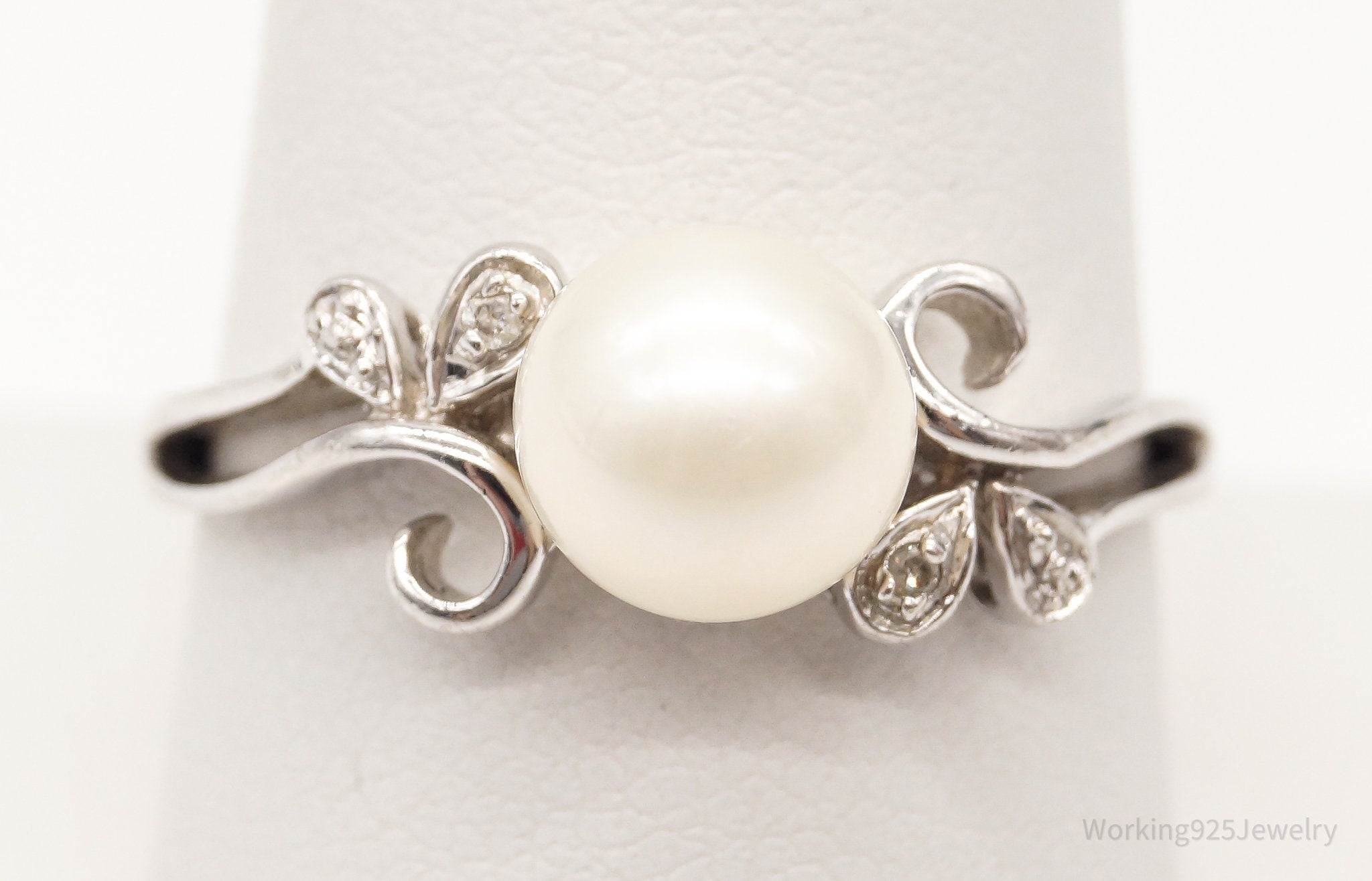 Vintage Pearl Cubic Zirconia Sterling Silver Ring - Size 8.75