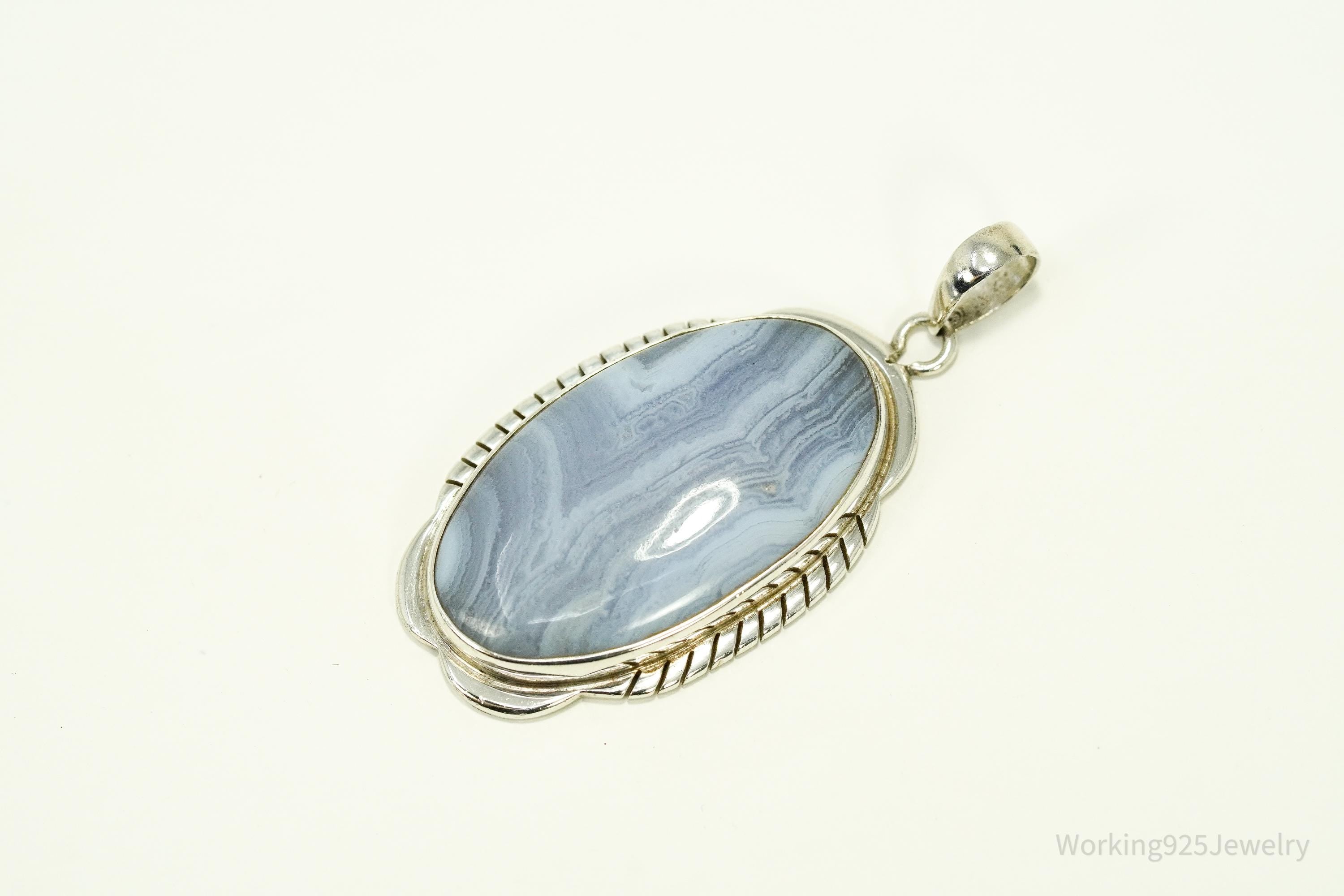 Large Vintage Blue Lace Agate Sterling Silver Pendant