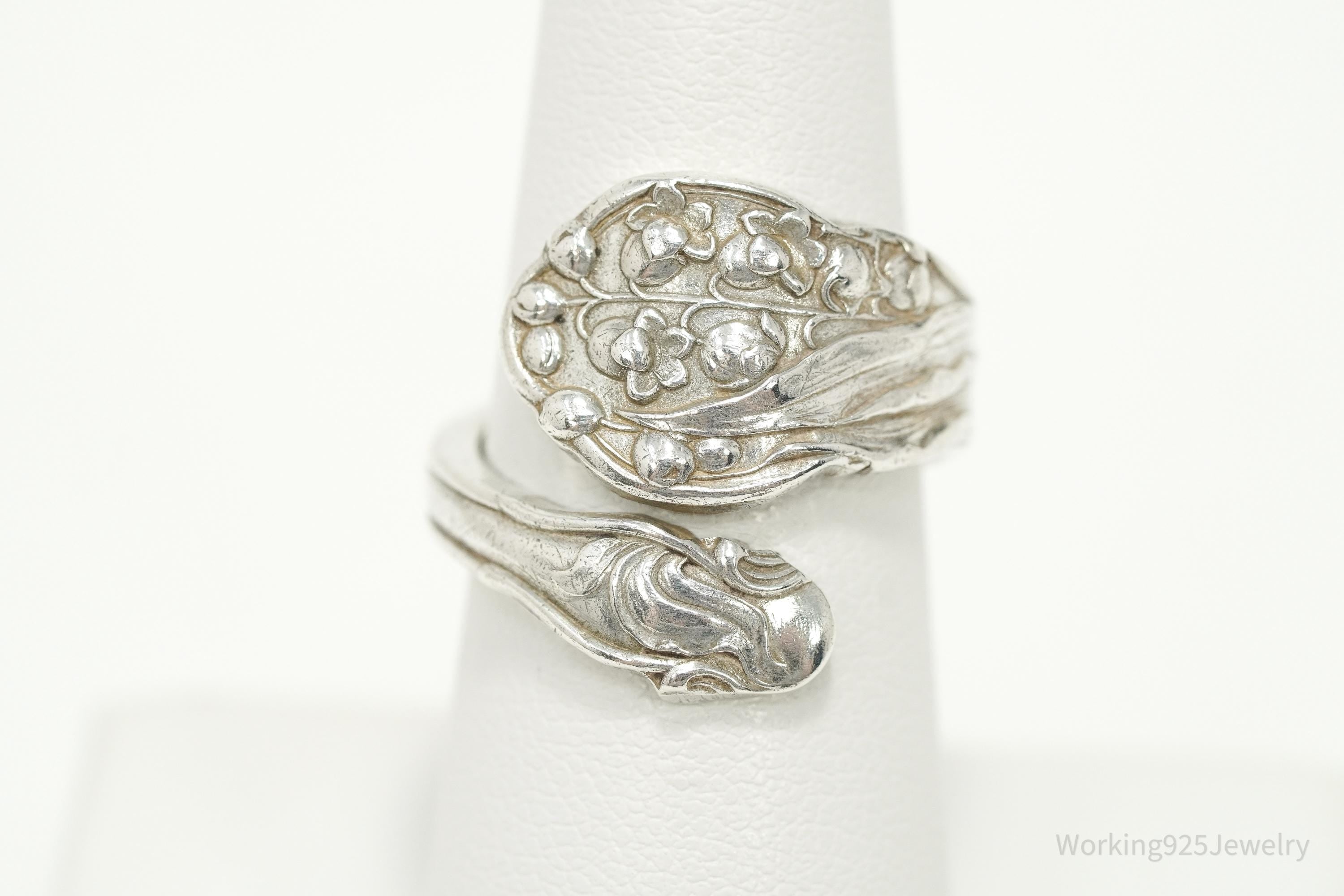 Antique GORHAM Flower Sterling Silver Wrap Spoon Ring - Size 7.25