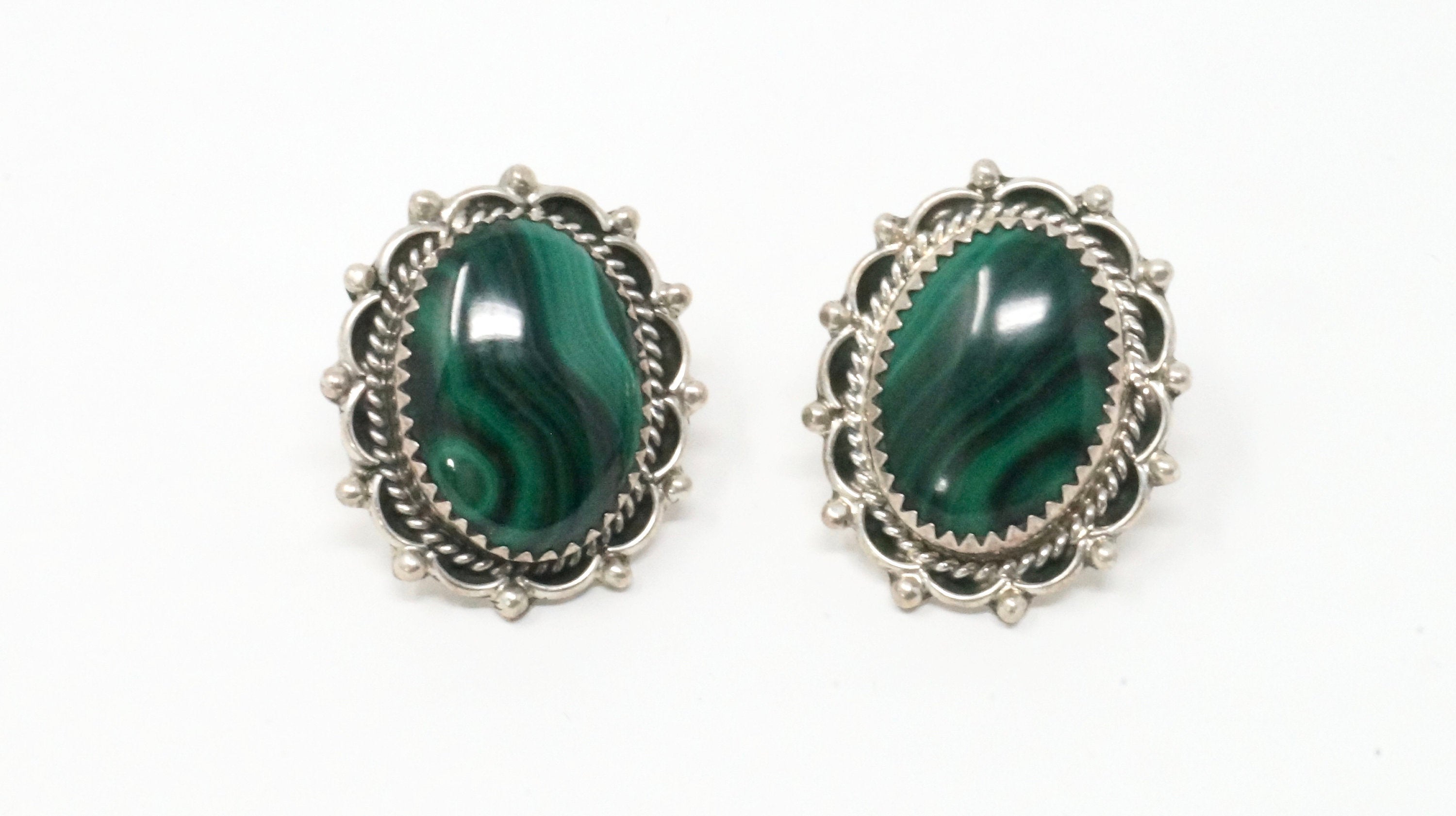 Vintage Native American Signed QQ Malachite Rope Post Sterling Silver Earrings