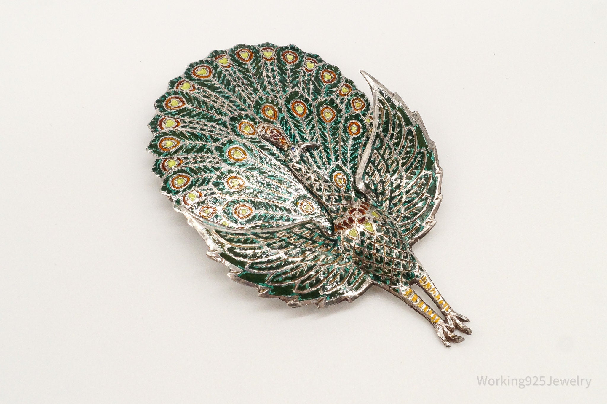 Vintage SIAM Enamel Peacock Silver Brooch Pin