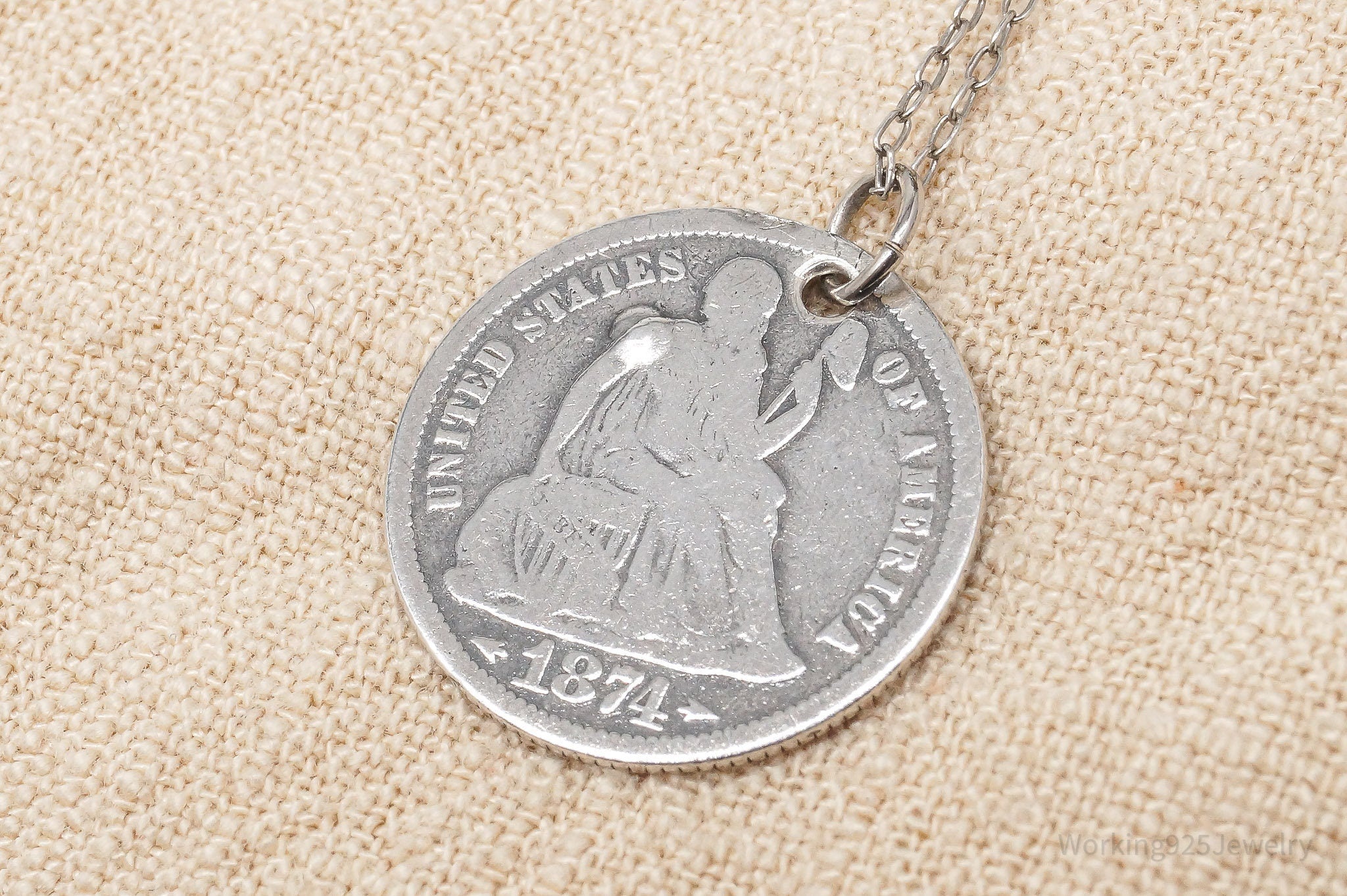 Antique Vintage 1874 Seated Liberty Dime Coin Sterling Silver Chain Necklace - 20"