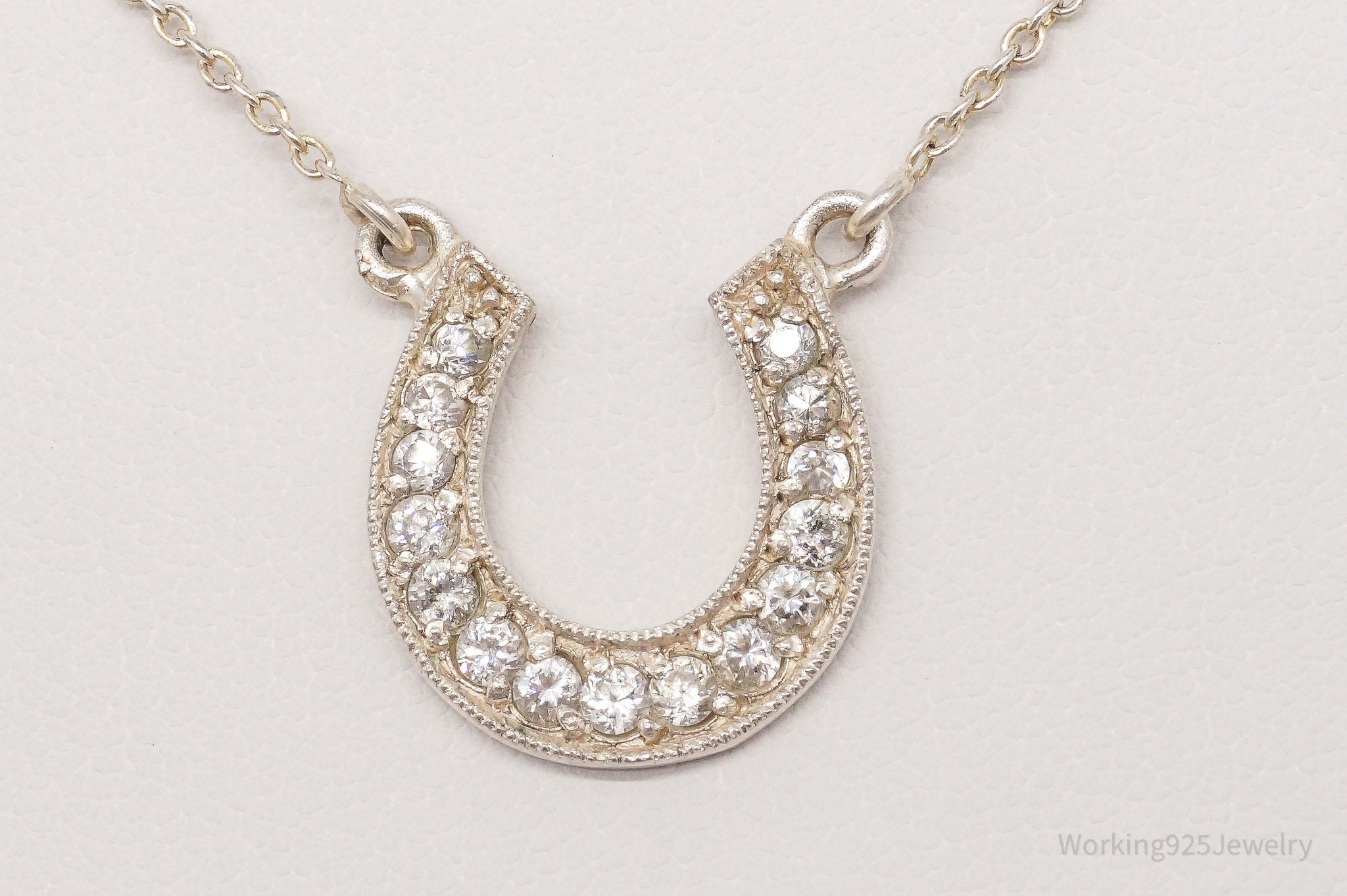 Vintage Horse Shoe Cubic Zirconia Sterling Silver Necklace 15"