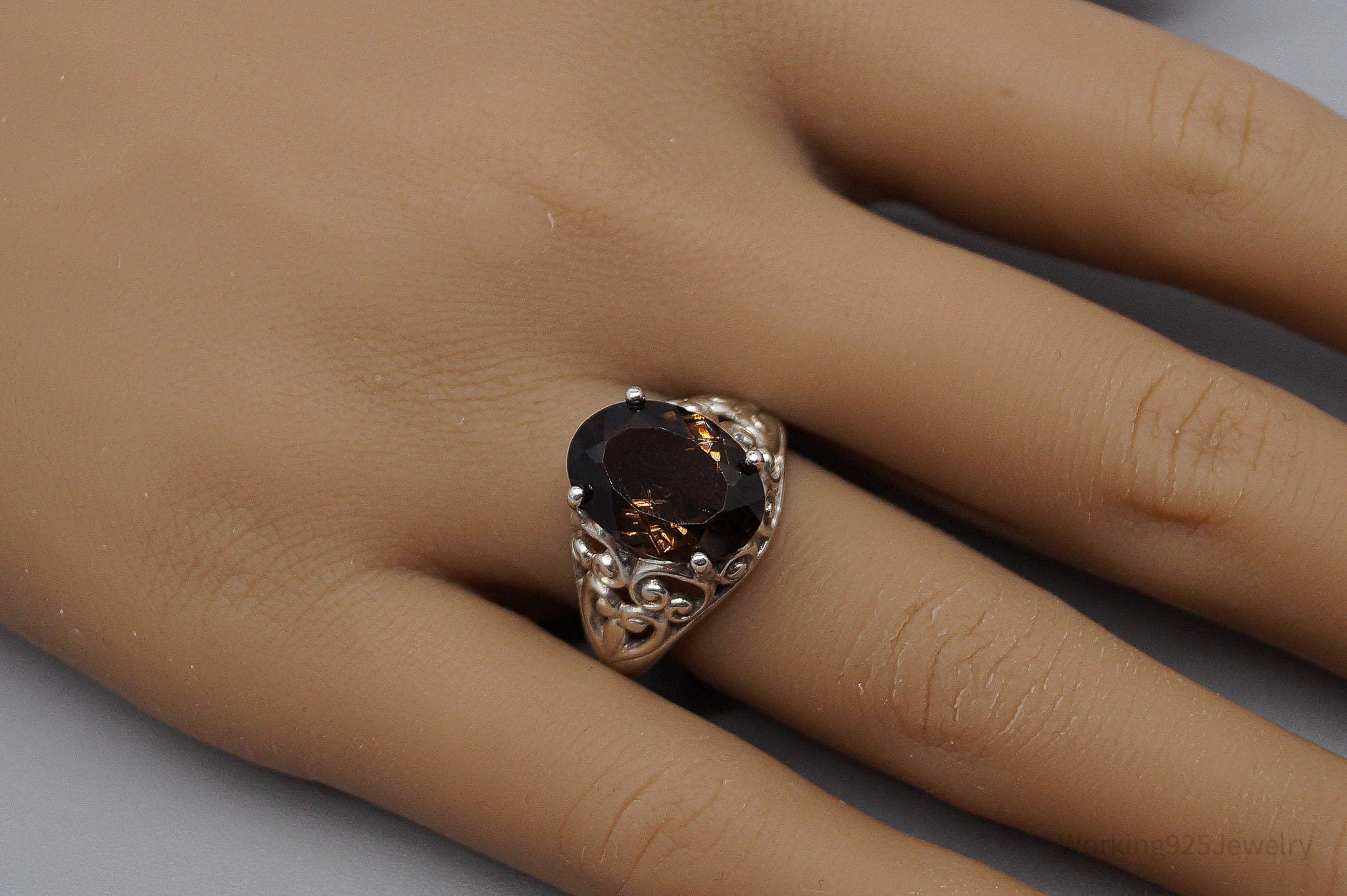 Vintage Large Smoky Topaz Sterling Silver Ring - Size 7.75