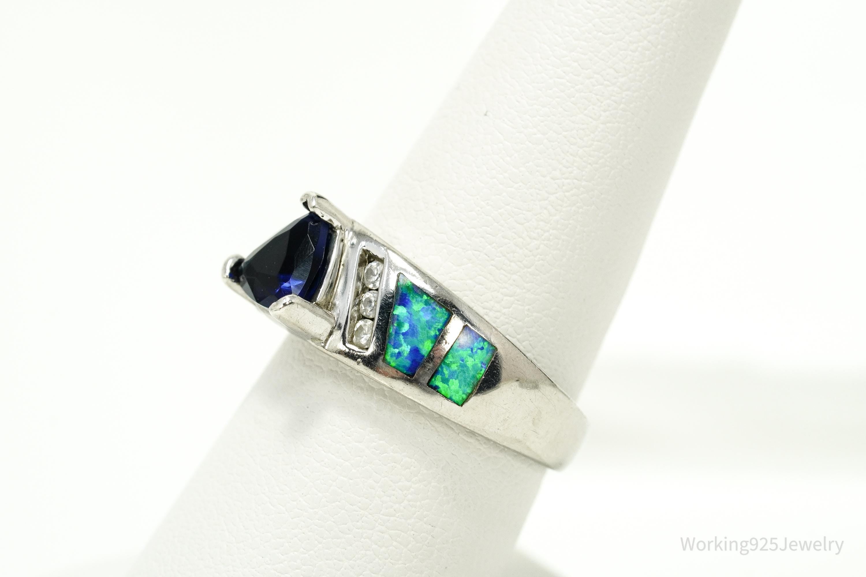 Vintage Lab Created Sapphire Cubic Zirconia Opal Sterling Silver Ring - Size 7.75