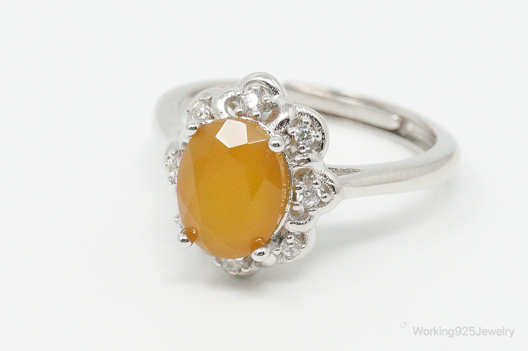 Yellow Onyx Cubic Zirconia Sterling Silver Ring - Size 7 Adjustable