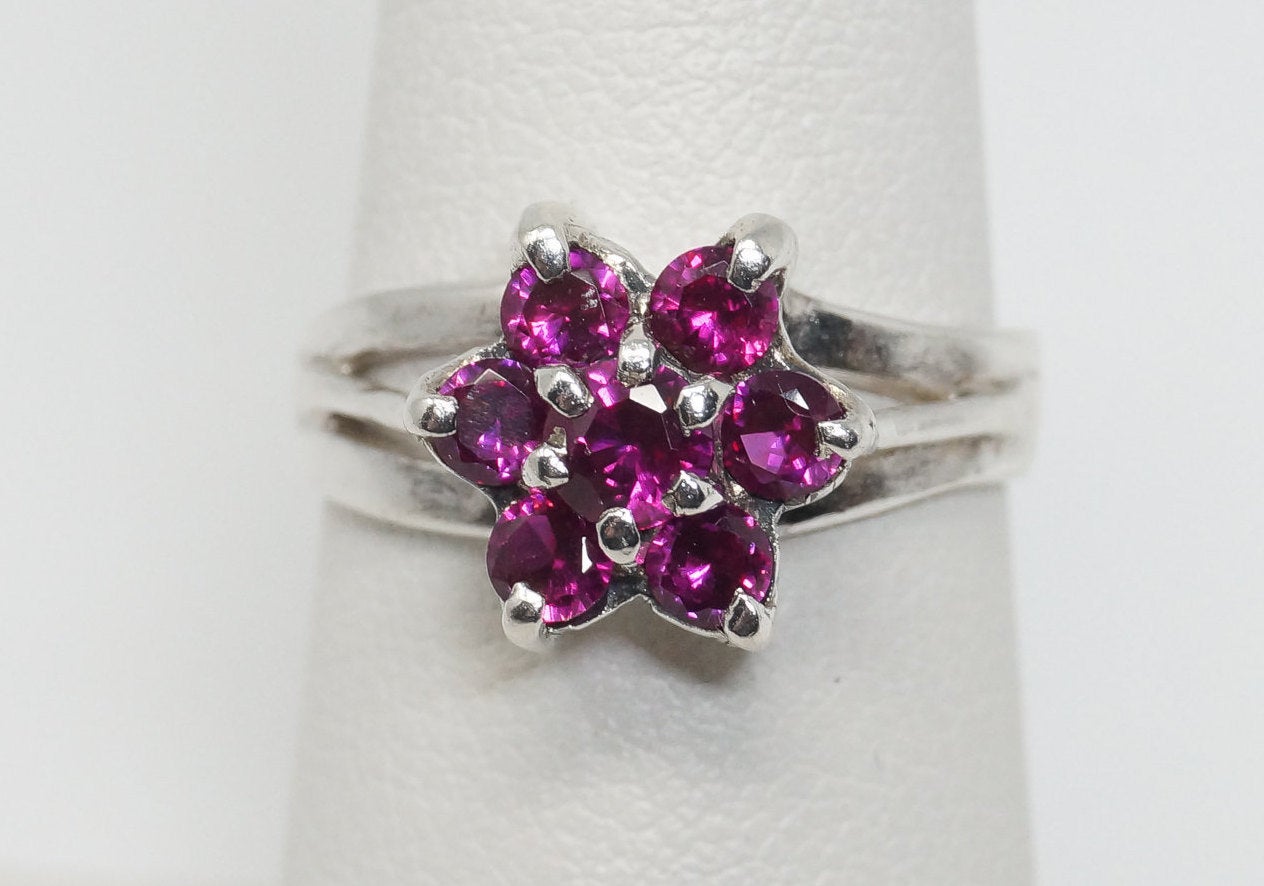 Vintage Pink Topaz Flower Cluster Ring Sterling Silver - Size 6.5