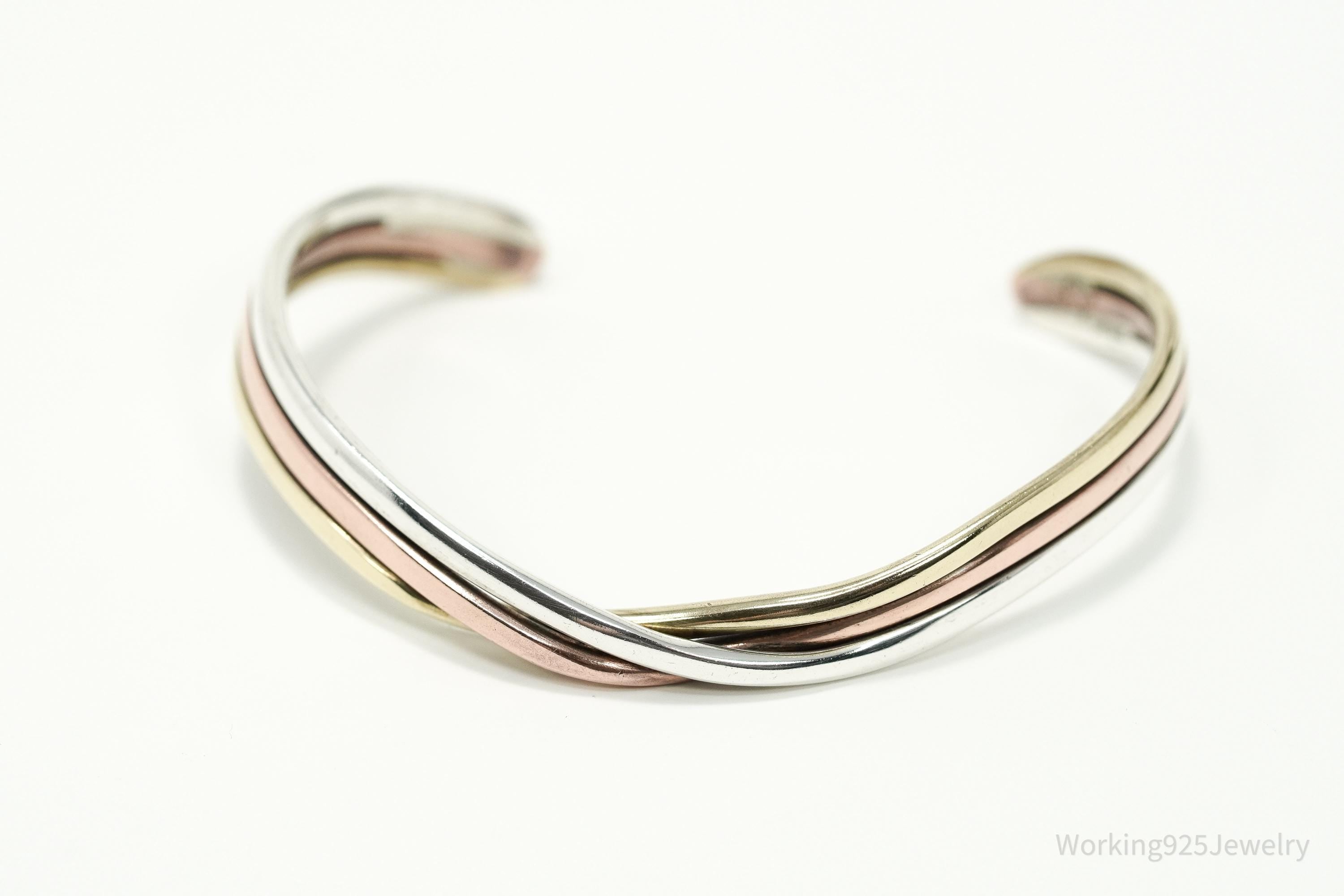 Vintage Three Metal Twist Sterling Silver Copper Brass Cuff Bracelet 6 3/8"