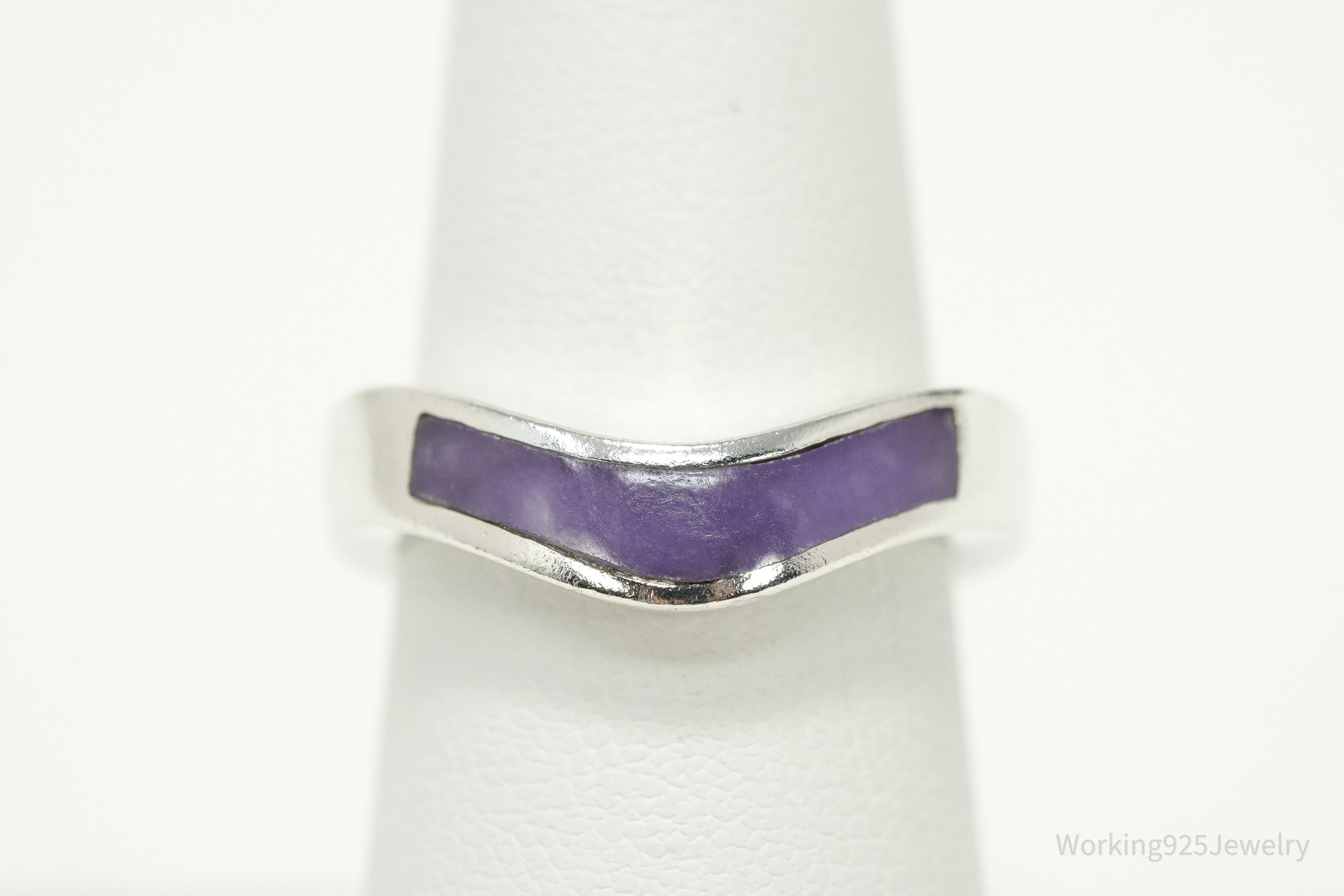 Vintage Purple Stone Inlay Sterling Silver Band Ring – Size 7