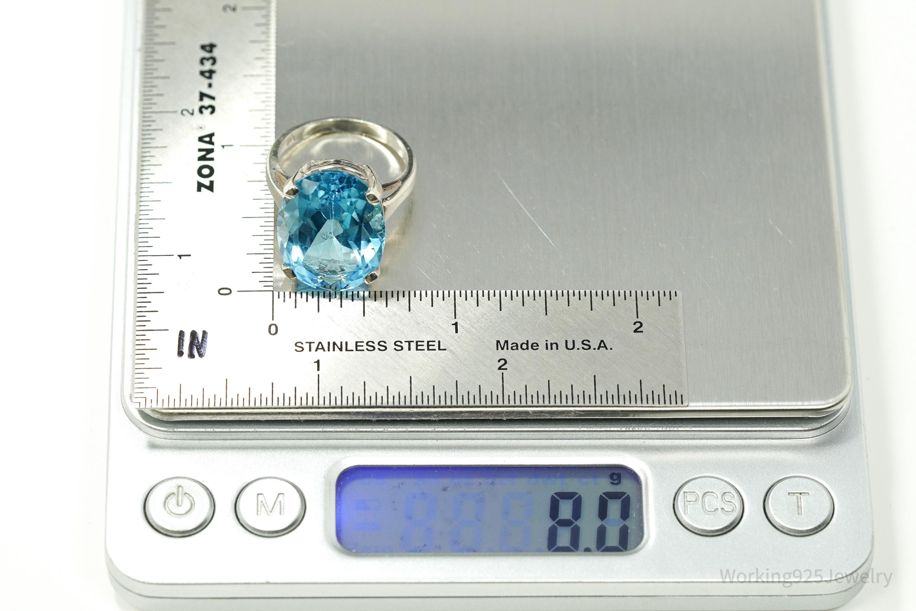 Vintage Large Blue Topaz Sterling Silver Ring - Size 8