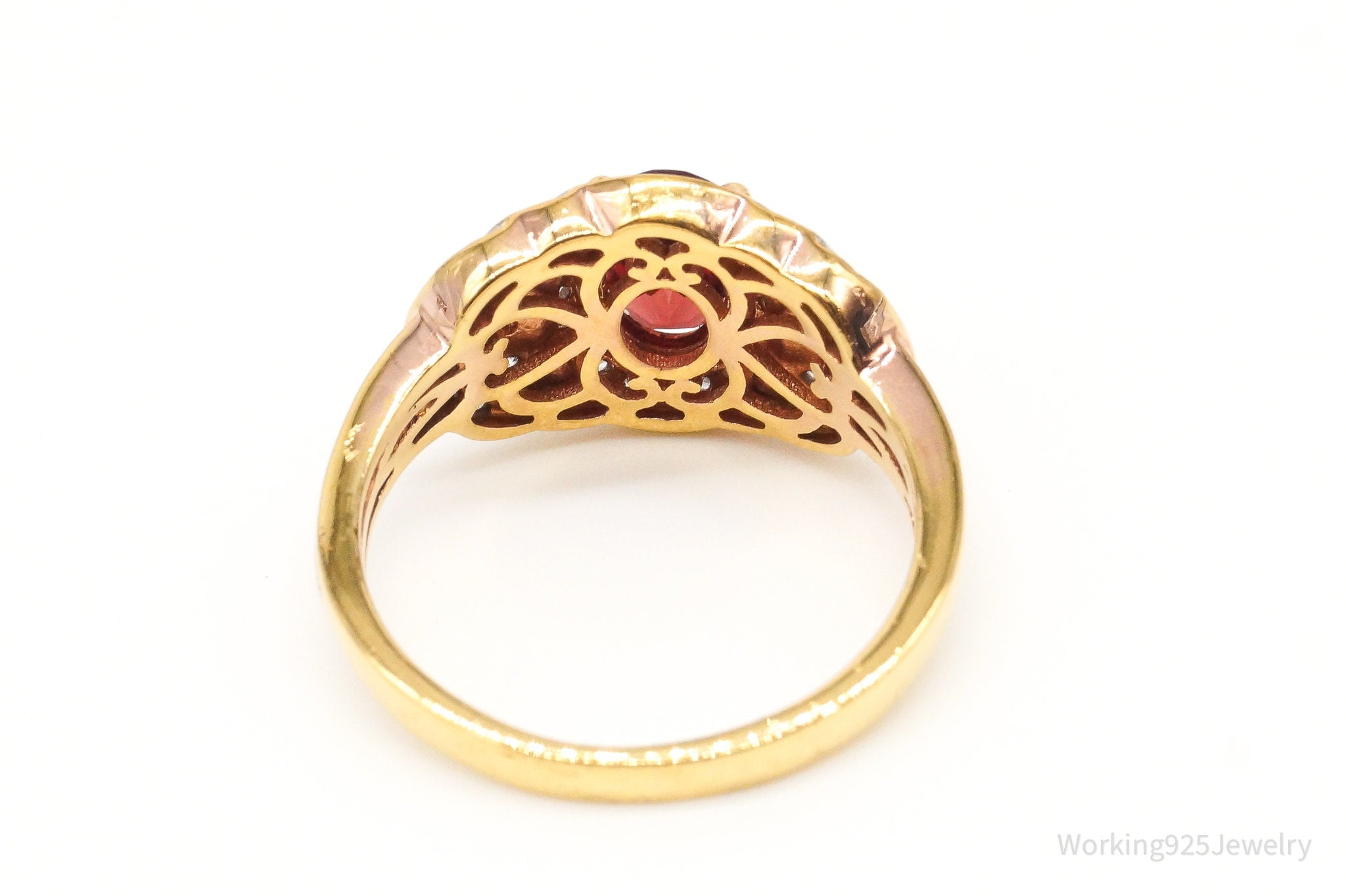 Vtg Designer Garnet CZ Gold Vermeil Sterl Sil Ring - Sz9.25