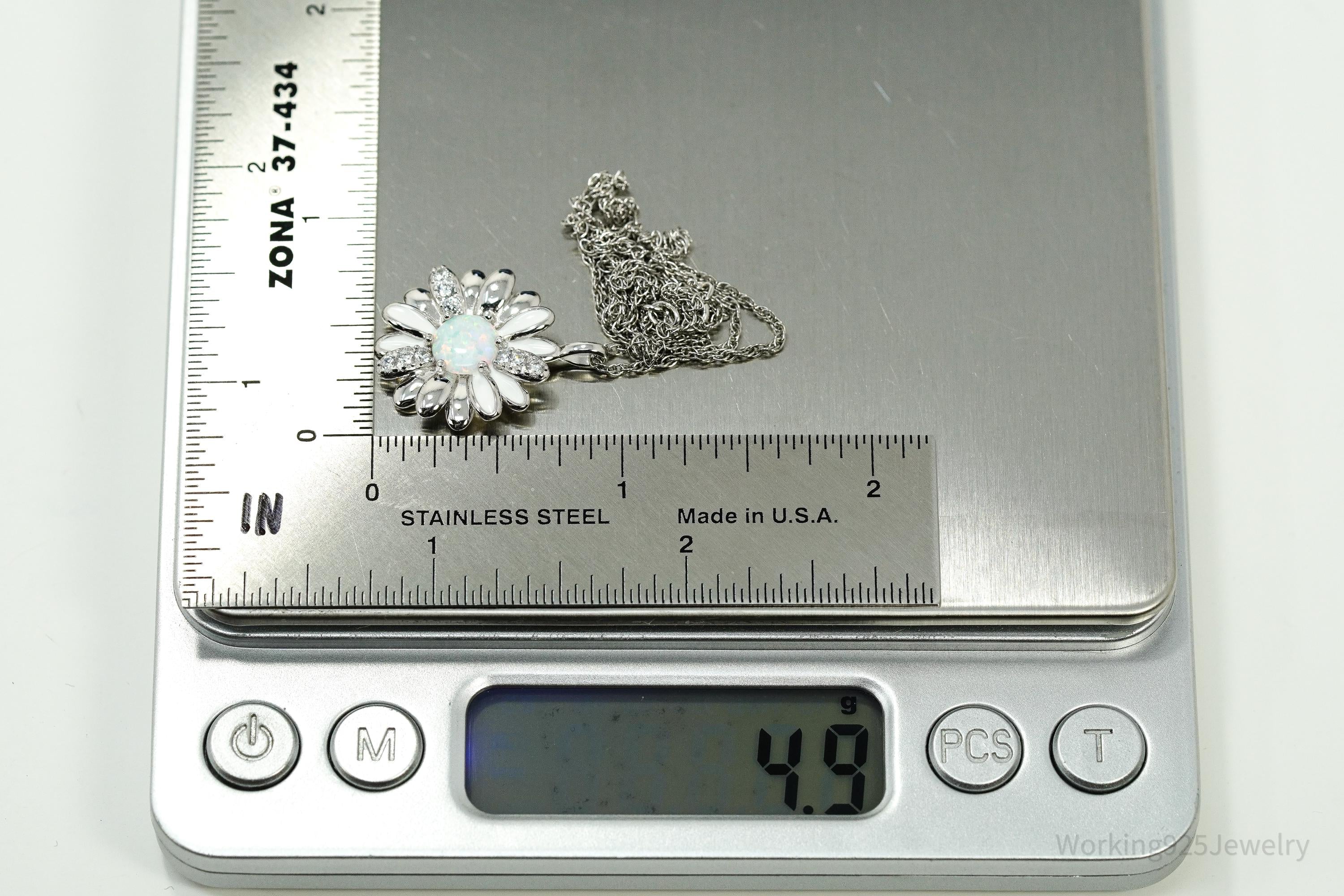 Opal & Cubic Zirconia Sterling Silver White Enamel Flower Chain Necklace 18"