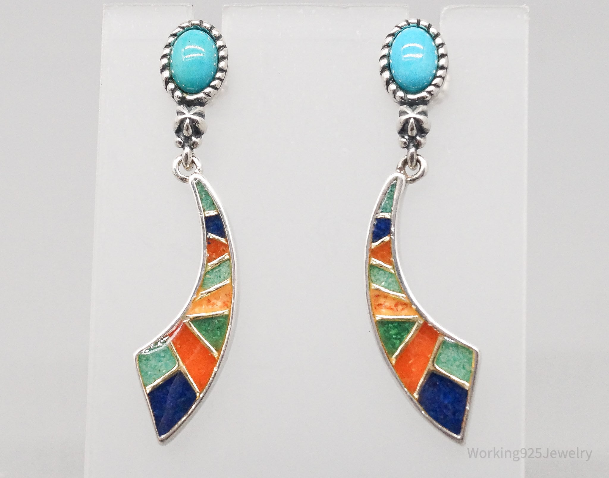 Vintage Native American Carolyn Pollack Relios Multi Gem Inlay Sterling Silver Earrings