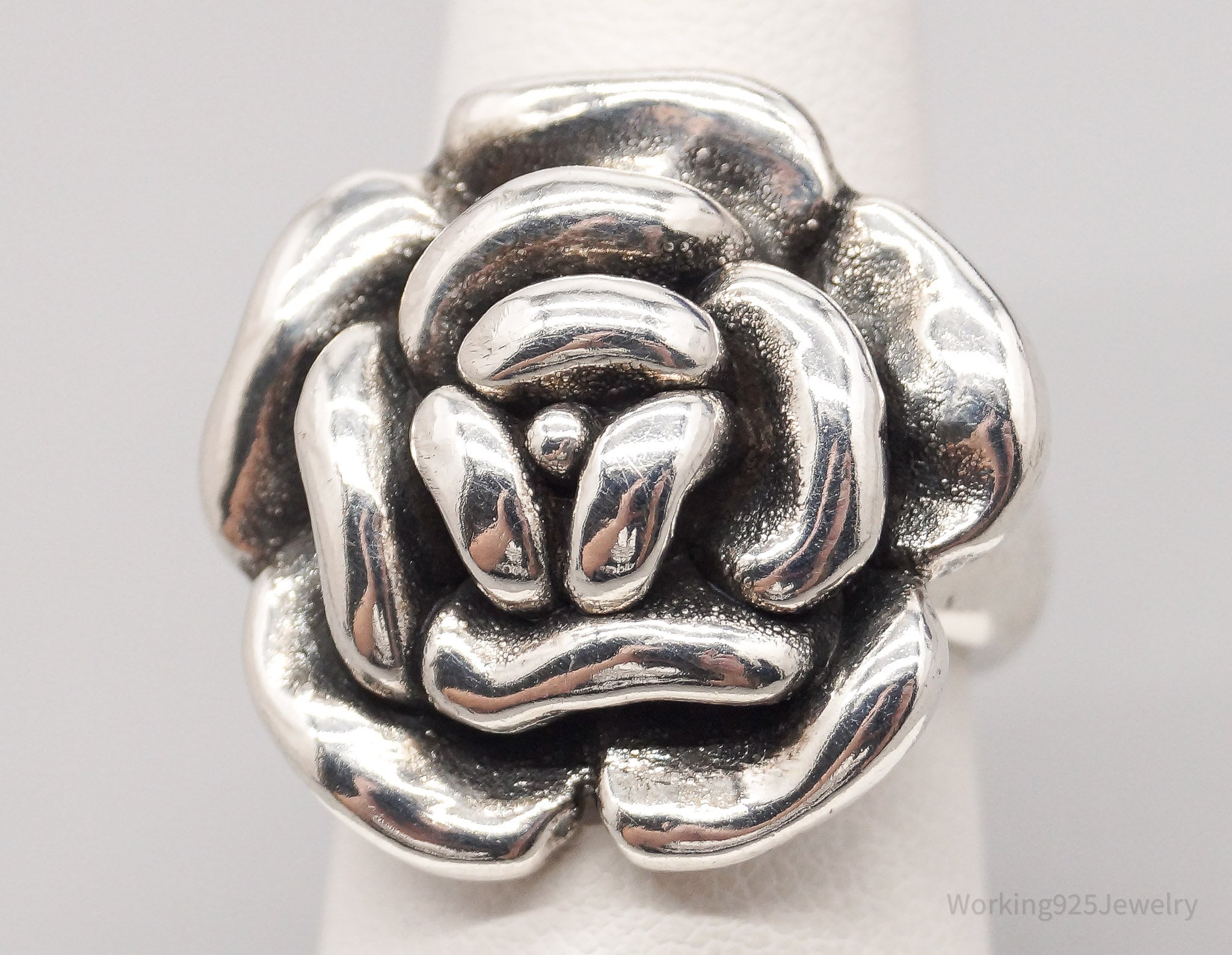 Vintage Puffy Rose Sterling Silver Hollow Ring - Size 6.75