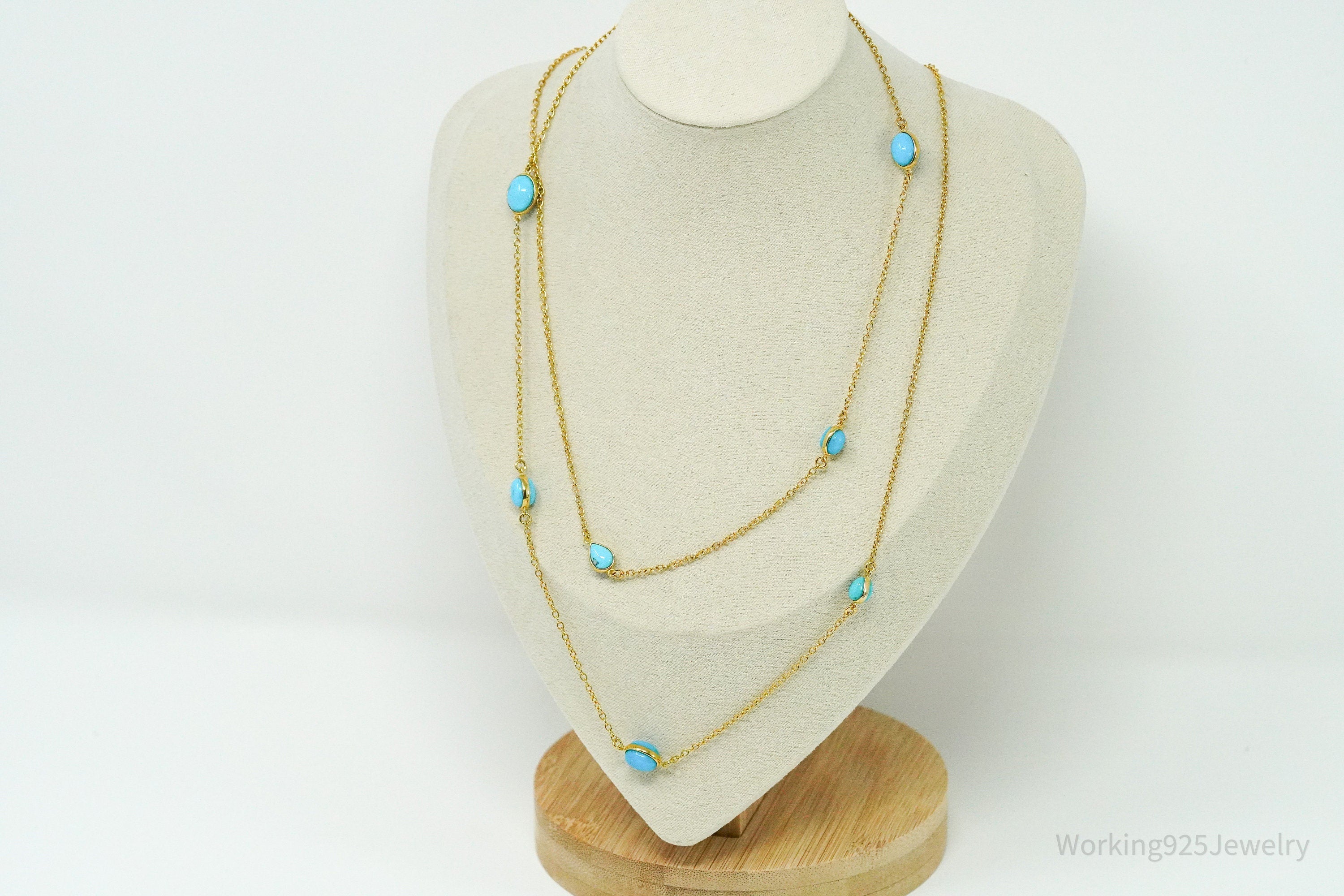 Long Vintage Turquoise Gold Vermeil Sterling Silver Necklace 36"