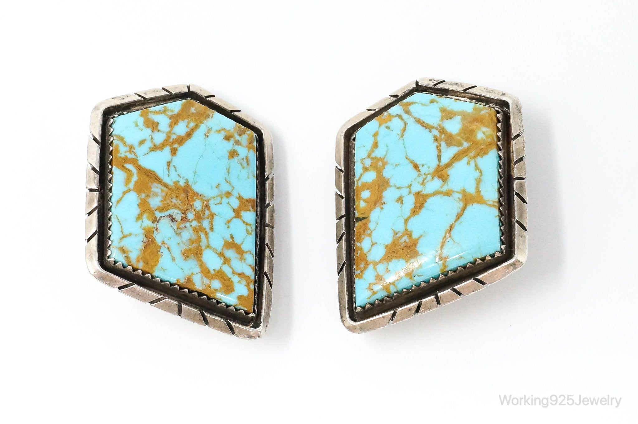 Large Vintage Native American LS Turquoise Sterling Silver Clip On Earrings