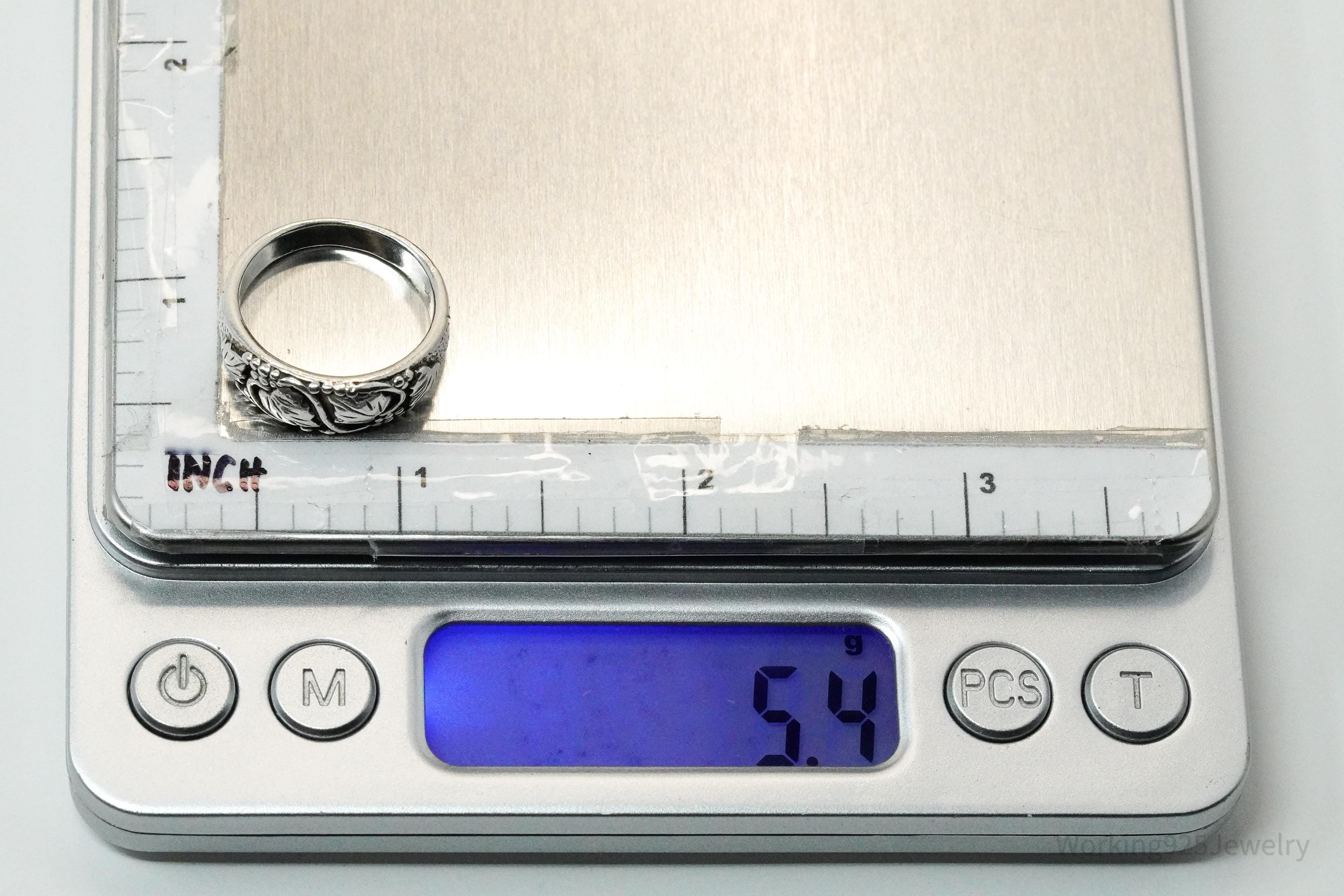 Vintage Grape Vine Leaves Sterling Silver Band Ring - Size 6.75