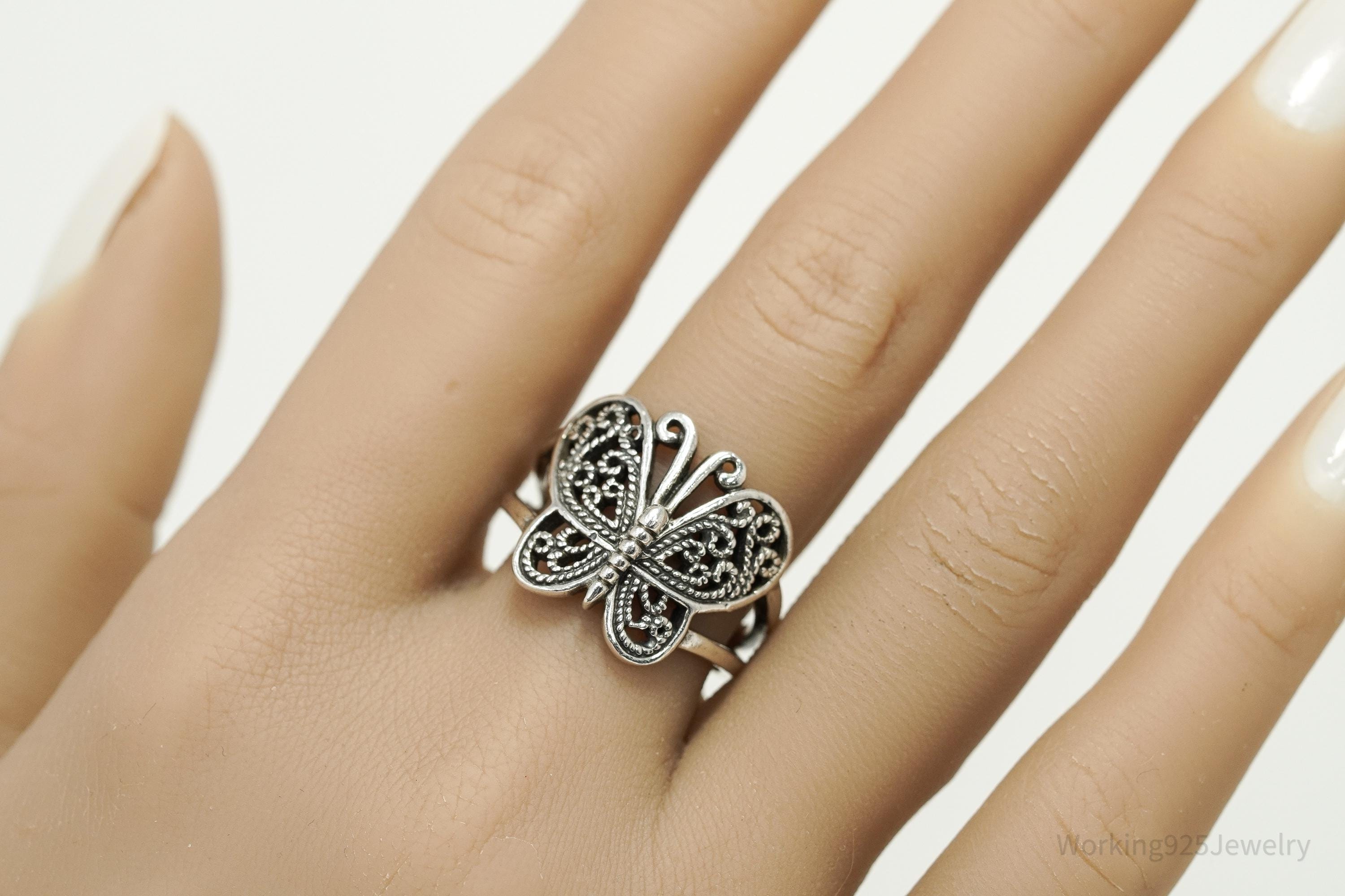Vintage Filigree Butterfly Sterling Silver Ring - Size 9.25