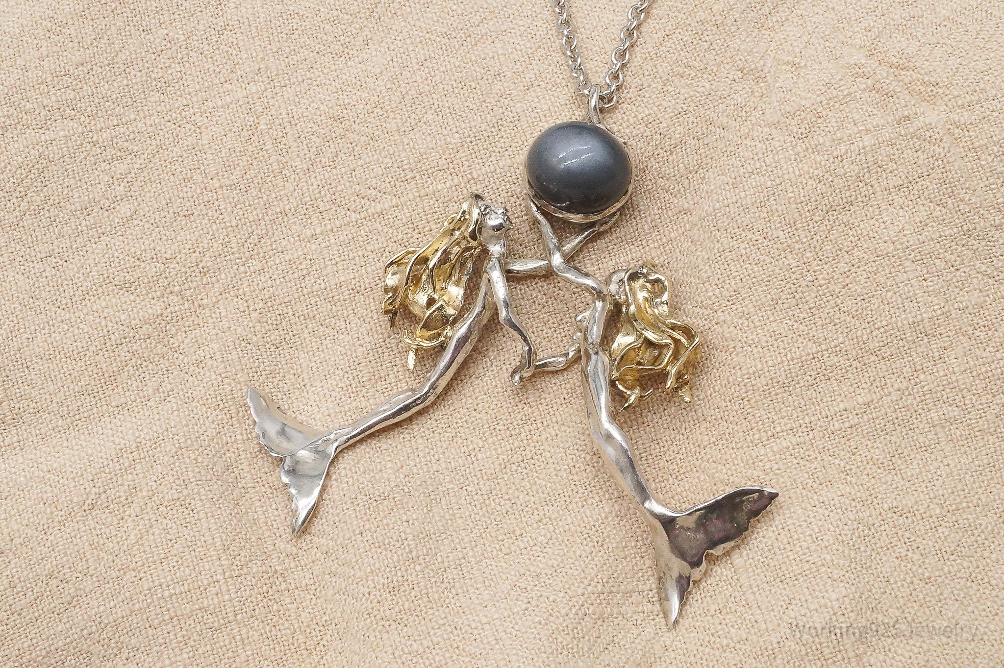 Vintage Gray Moonstone 24K Gold Sterling Silver Mermaids Necklace 34"