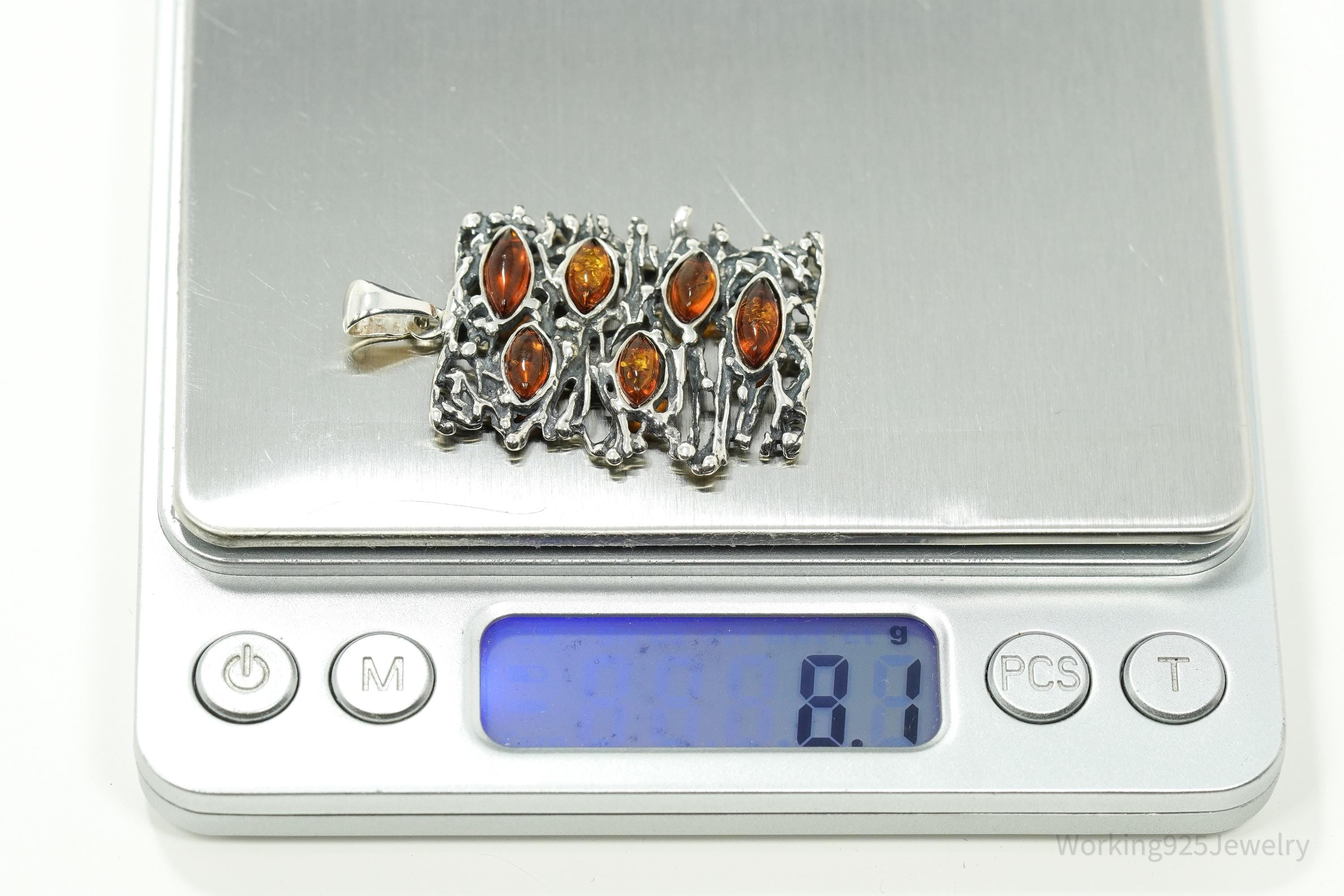 Vintage Brutalist Amber Sterling Silver Pendant
