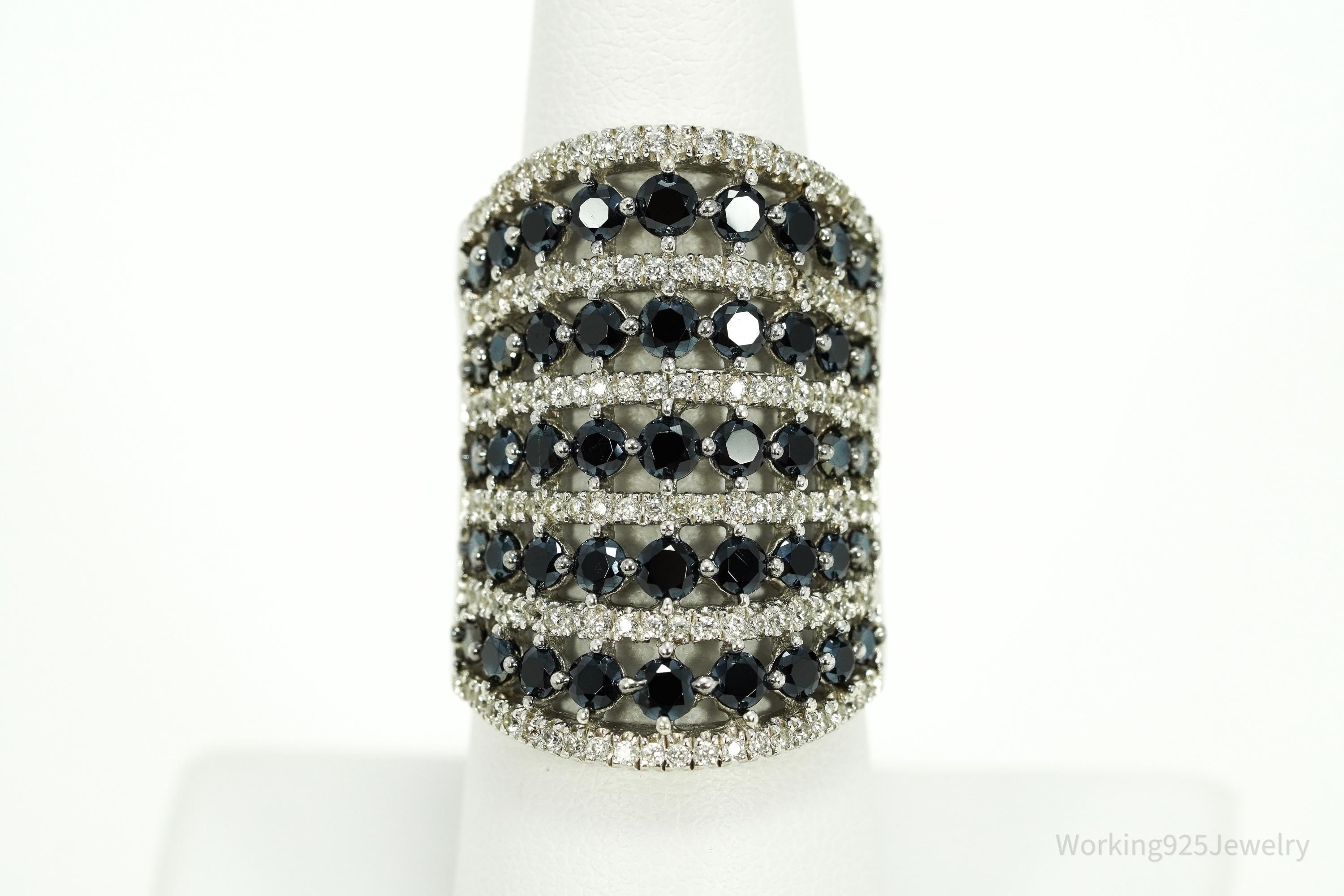 Vintage Black Spinel & White Topaz Sterling Silver Ring - Size 7