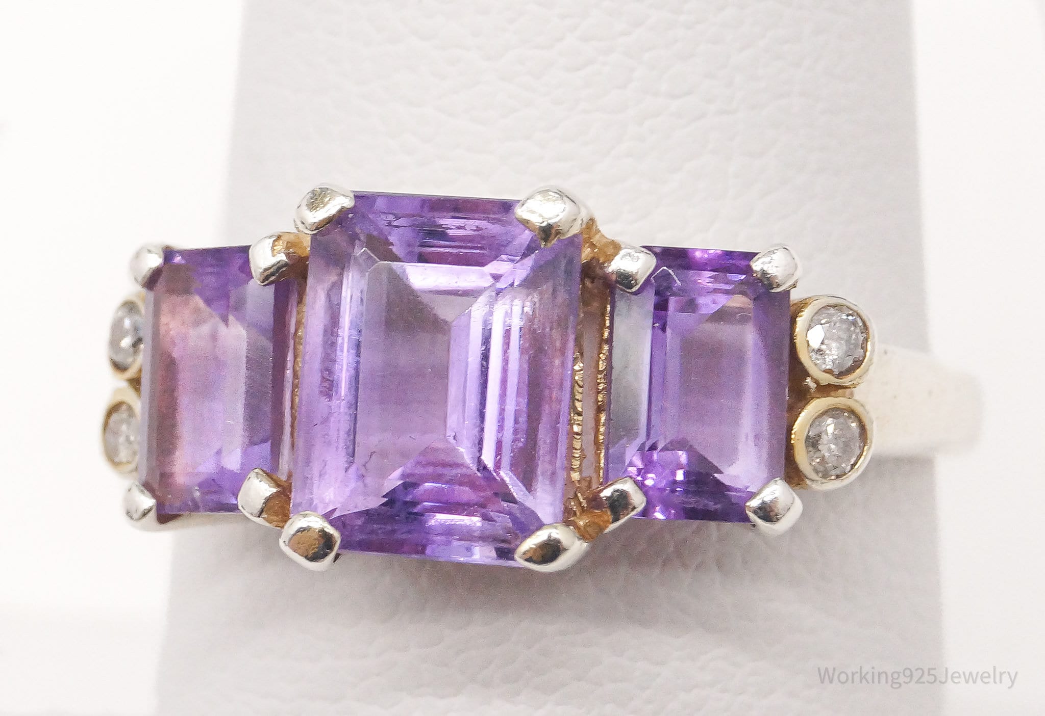 Vintage Amethyst Diamond Sterling Silver Ring - Size 7.75