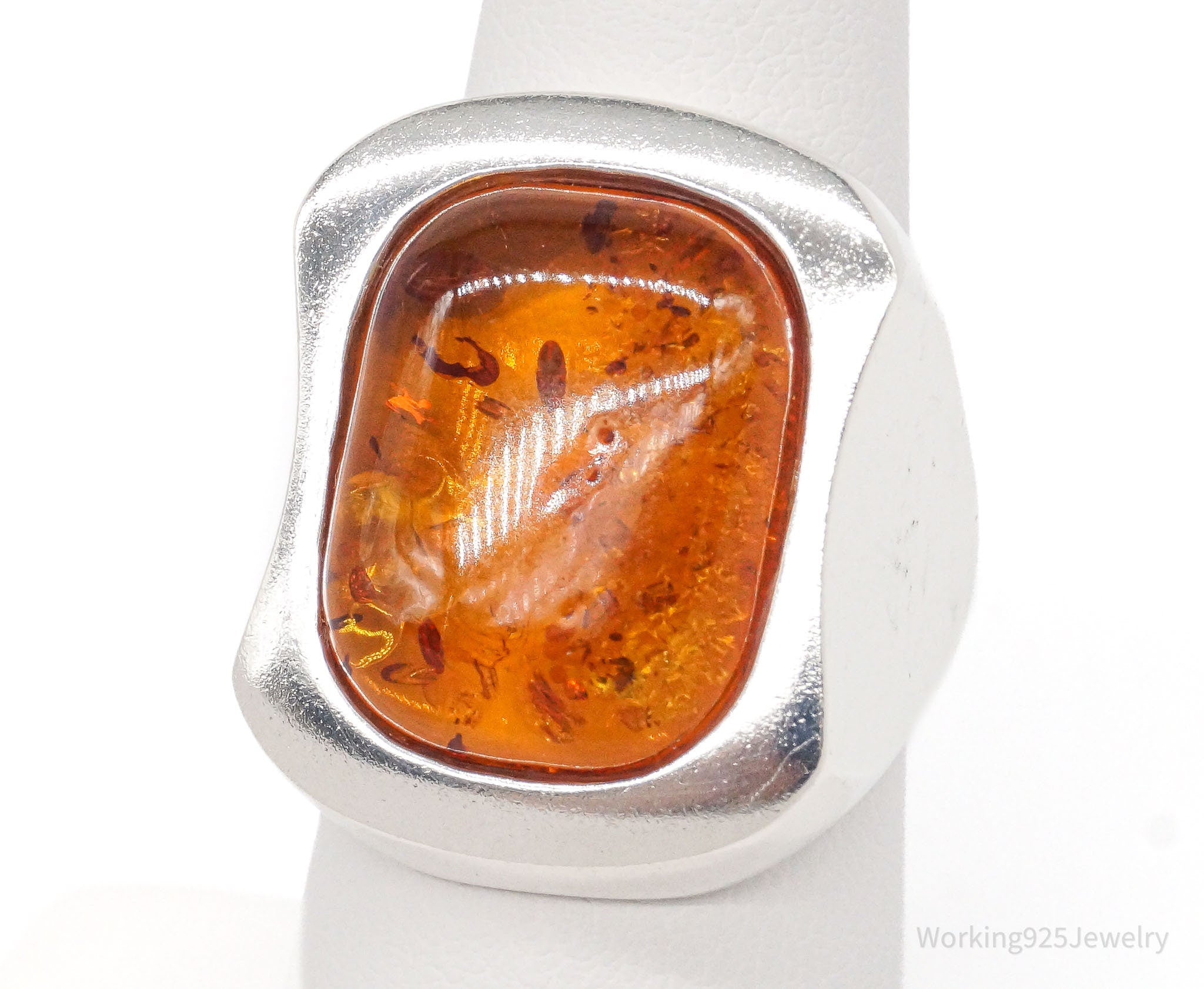 Vintage Large Amber Modernist Sterling Silver Ring - Size 7.25