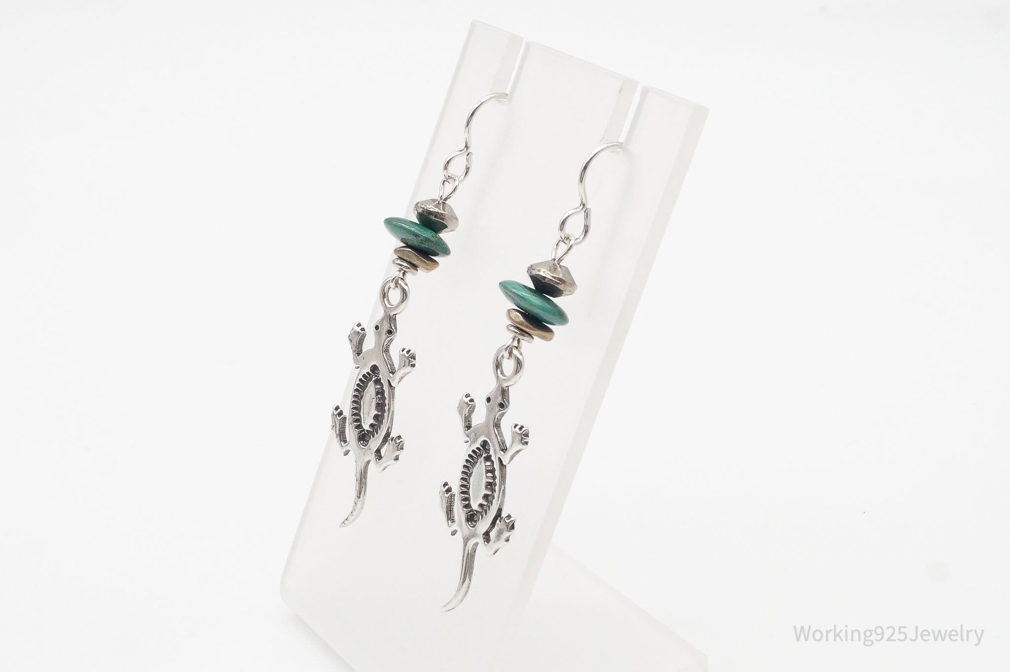 Large Native Malachite Lizards Sterling Silver Earrings