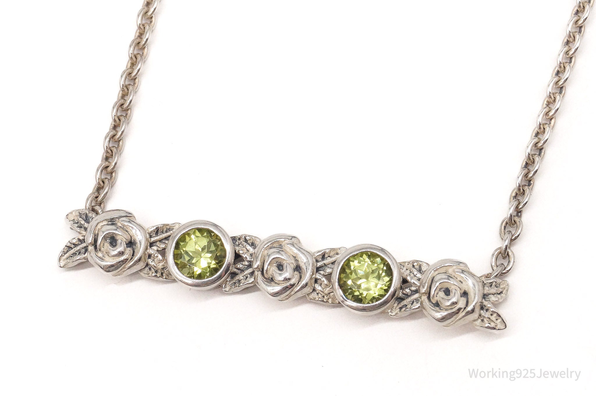 Vintage Israel Designer Paz PZ Peridot Rose Bar Sterling Silver Necklace 16"