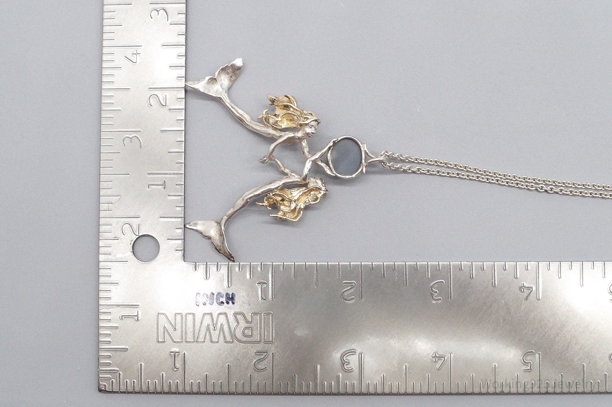 Vintage Gray Moonstone 24K Gold Sterling Silver Mermaids Necklace 34"