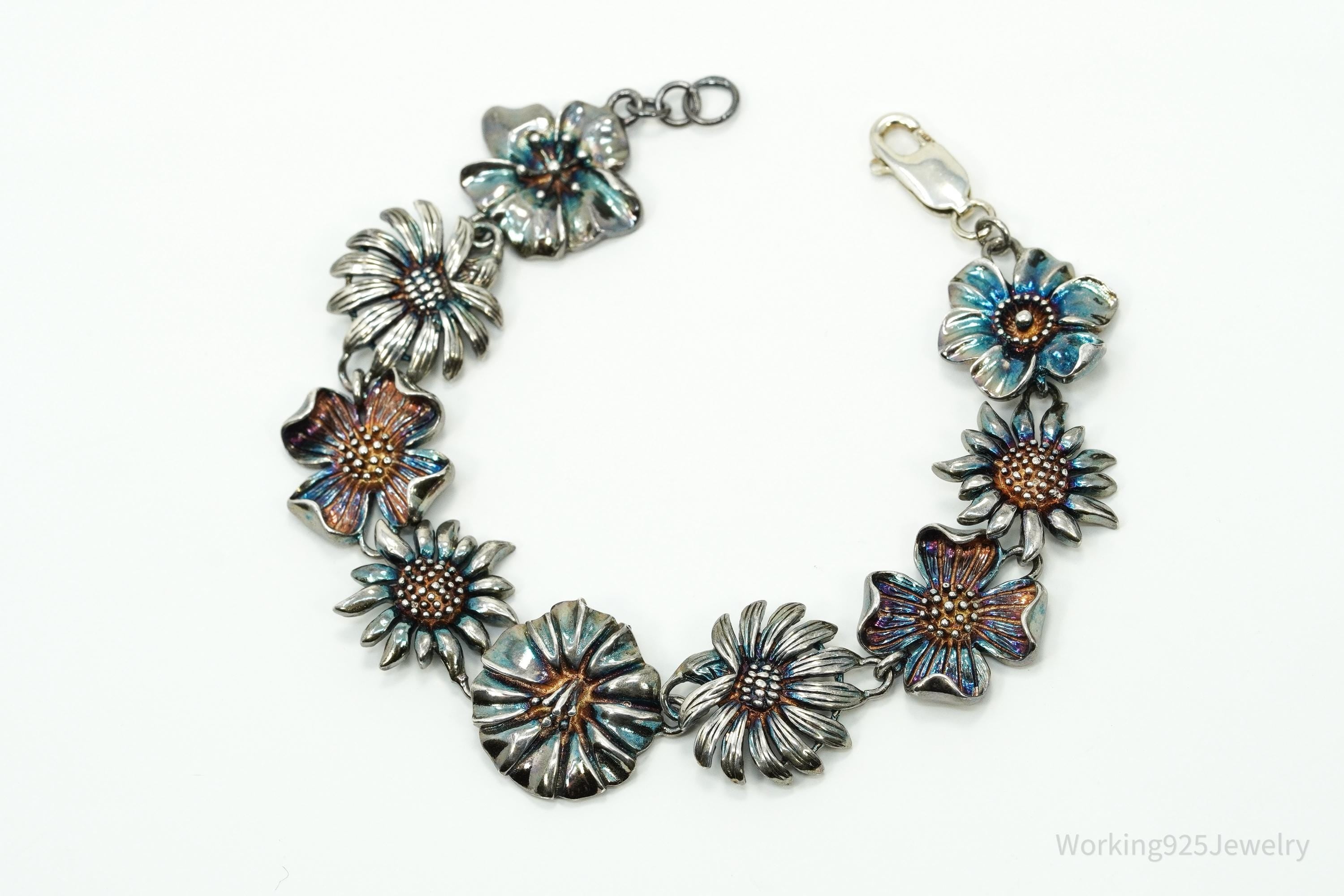 Vintage Flowers Sterling Silver Bracelet 7.5"