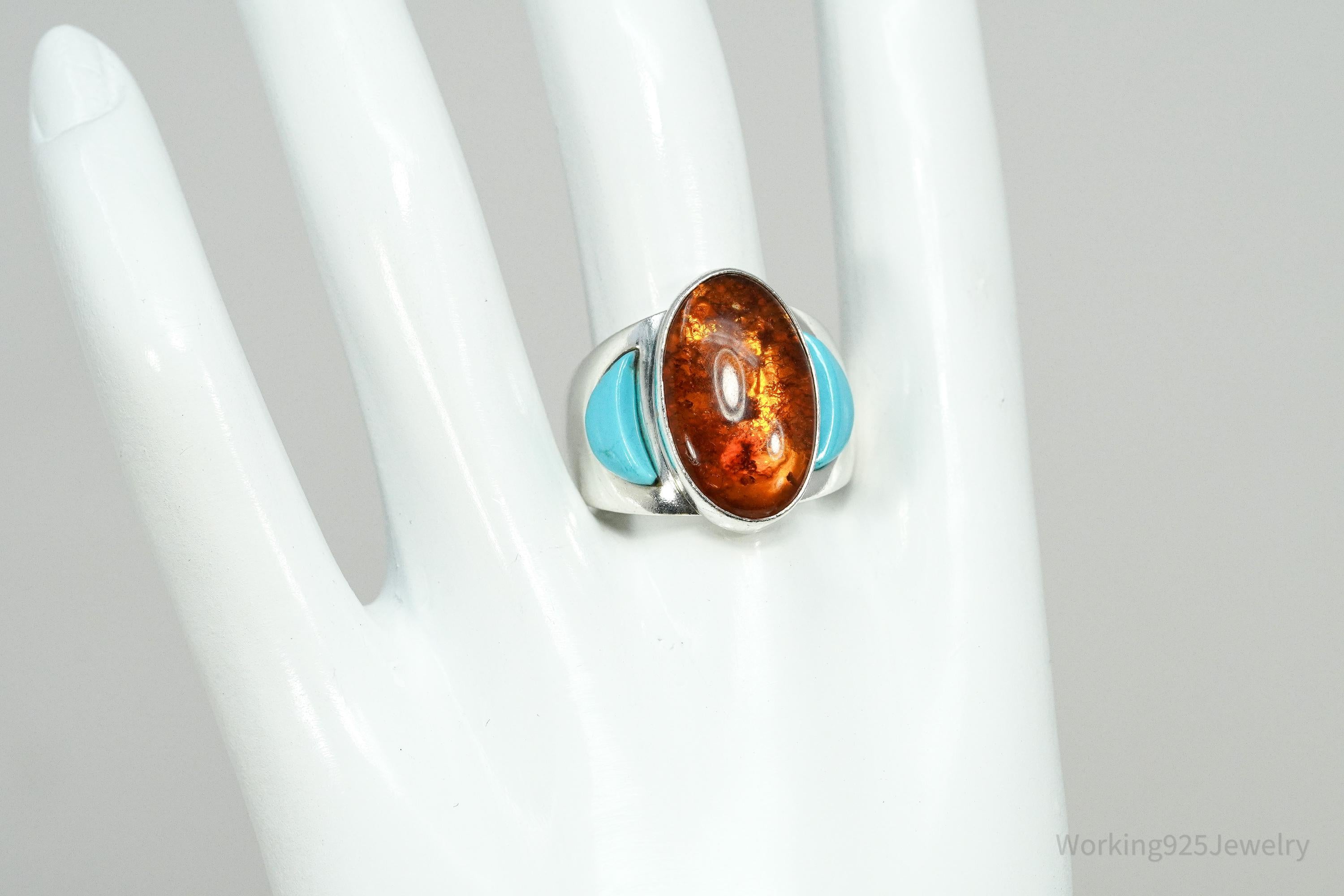 Vintage Desert Rose Trading Co Amber & Turquoise Sterling Silver Ring Size 10