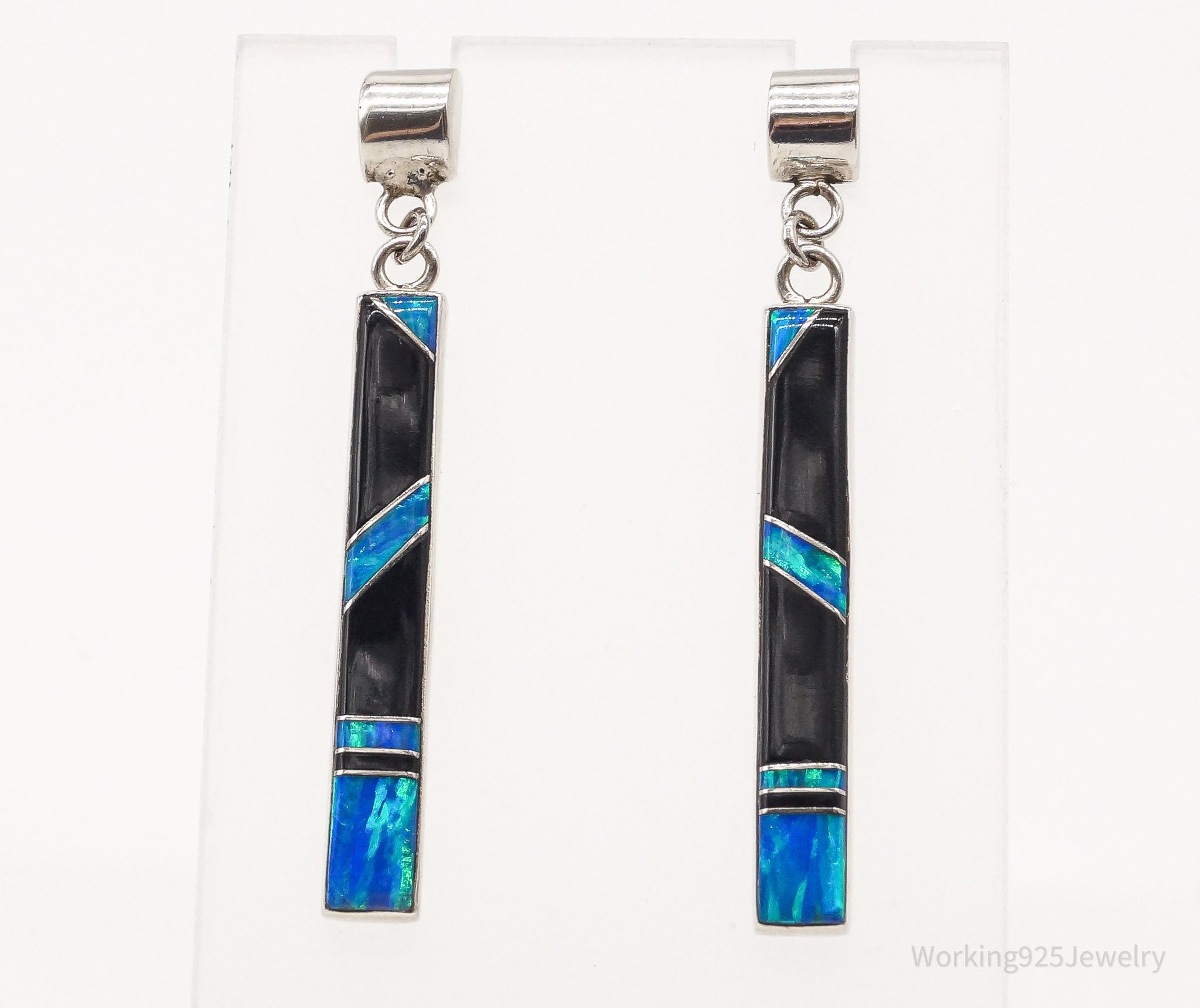 Vintage Native American AC Blue Opal Black Onyx Sterling Silver Earrings