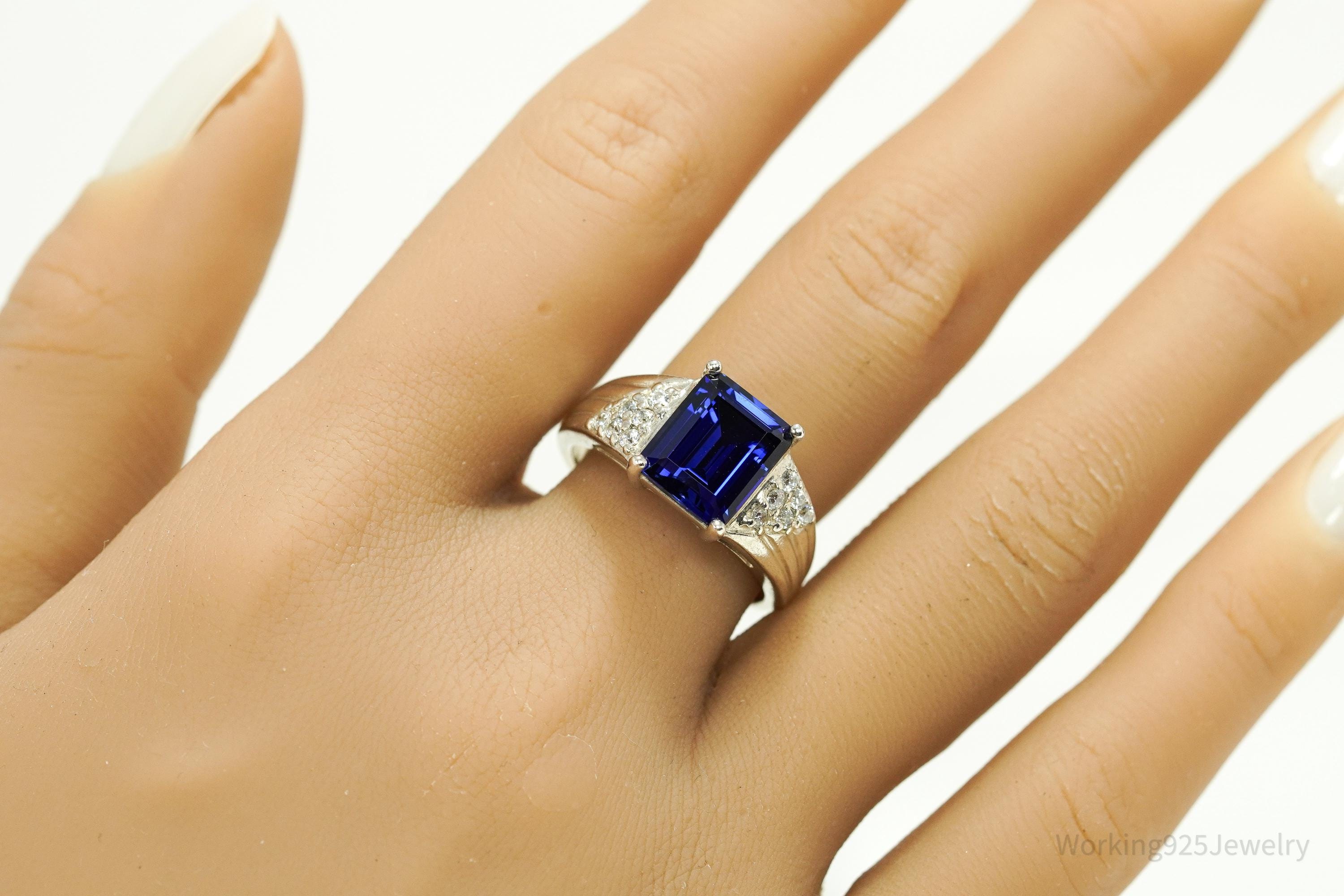 Vintage Lab Sapphire & Cubic Zirconia Sterling Silver Ring - Size 8.75